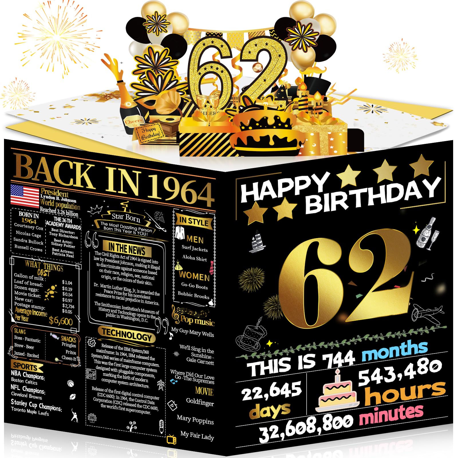 Joycard 62nd Birthday Card for Women Men, 3D Pop Up Happy Birthday Gift for Mother Dad, Funny 62 Year Old Birthday Decorations for Wife Husband, Back in 1964 Laser Gold Retro Theme