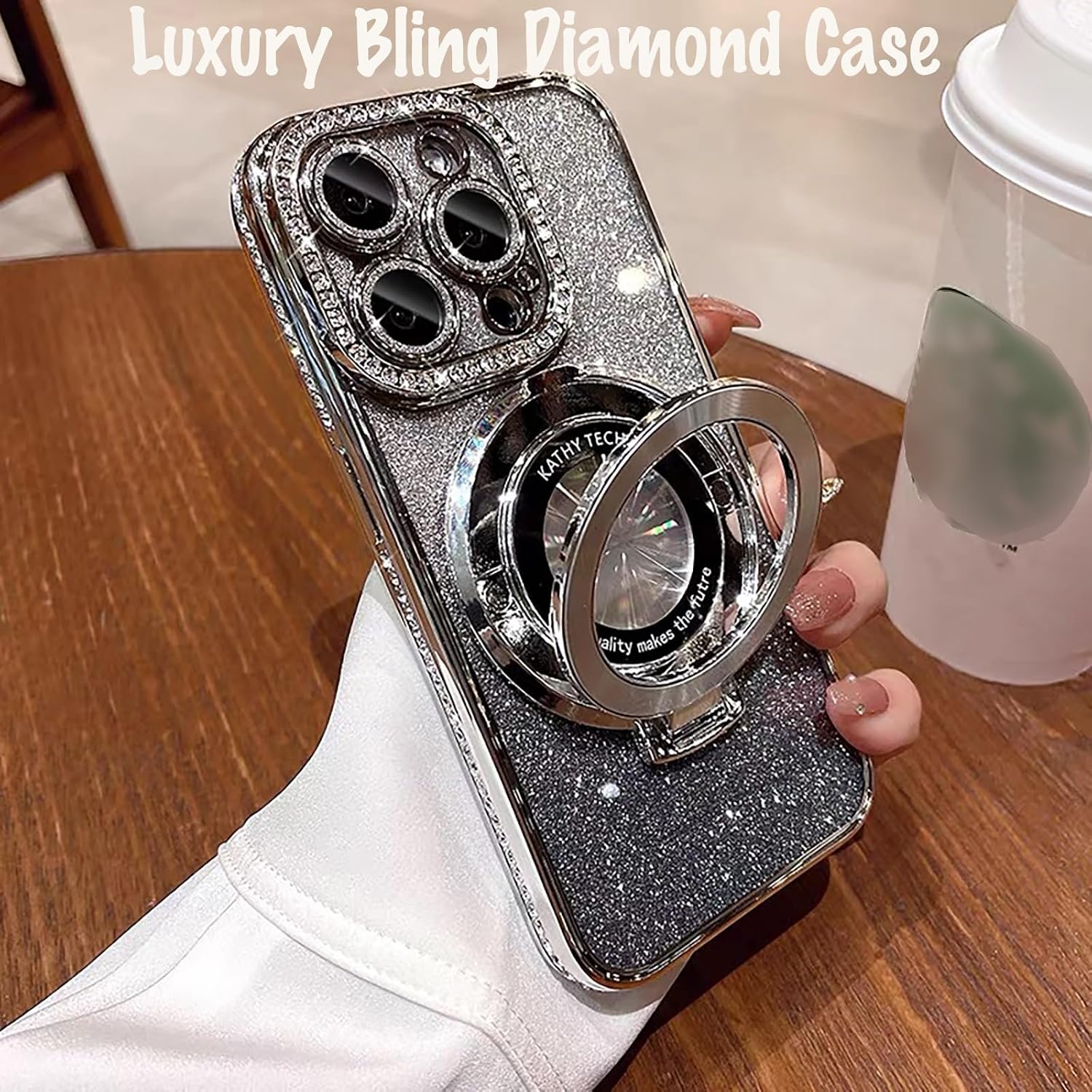 Magnetic Stand for iPhone 14 Pro Max Case with Glitter Card, Silver image 2