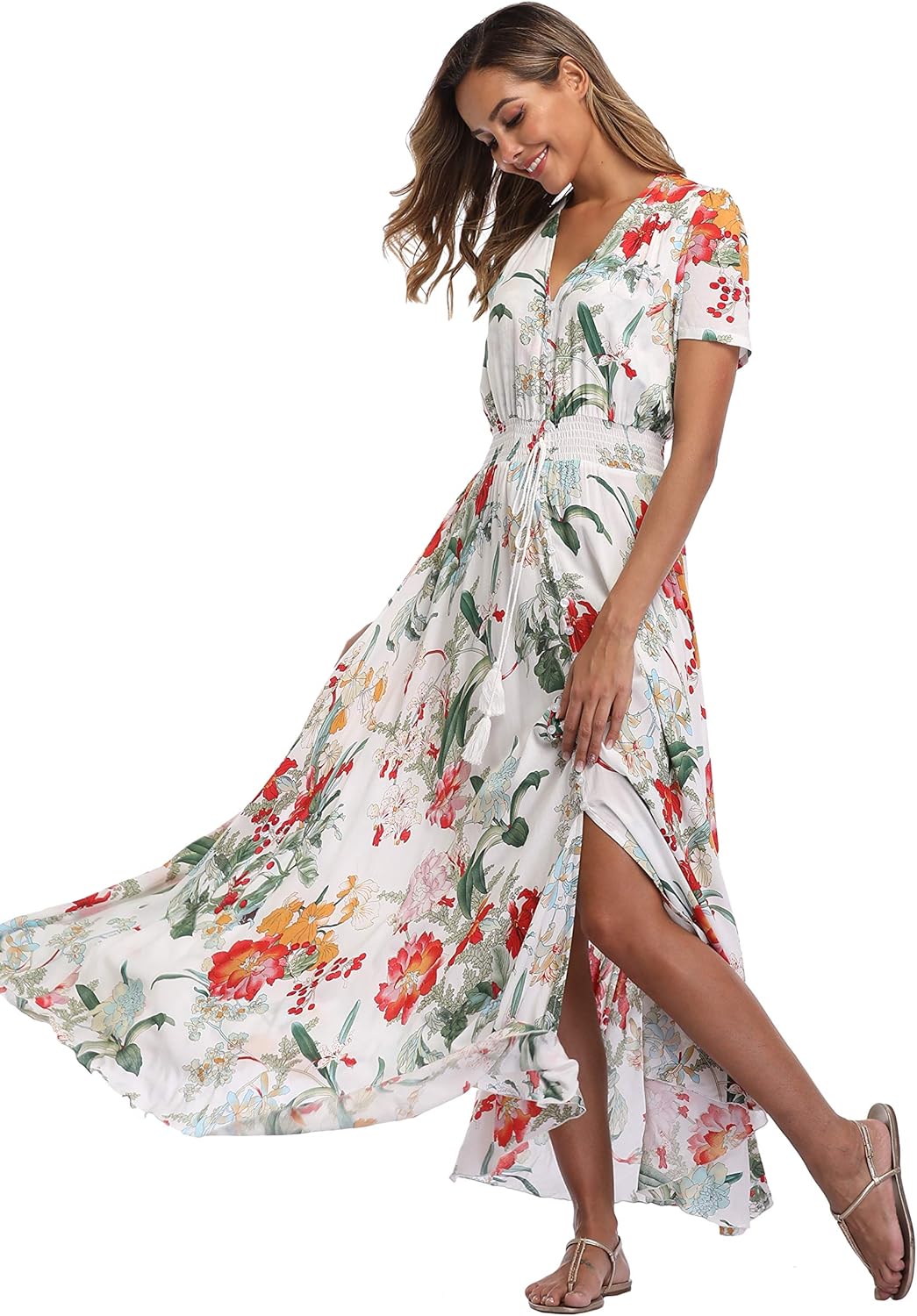 Ferrendo Women's Floral Maxi Dress Button Up Split Flowy Bohemian Party Beach Dresses - Image 3