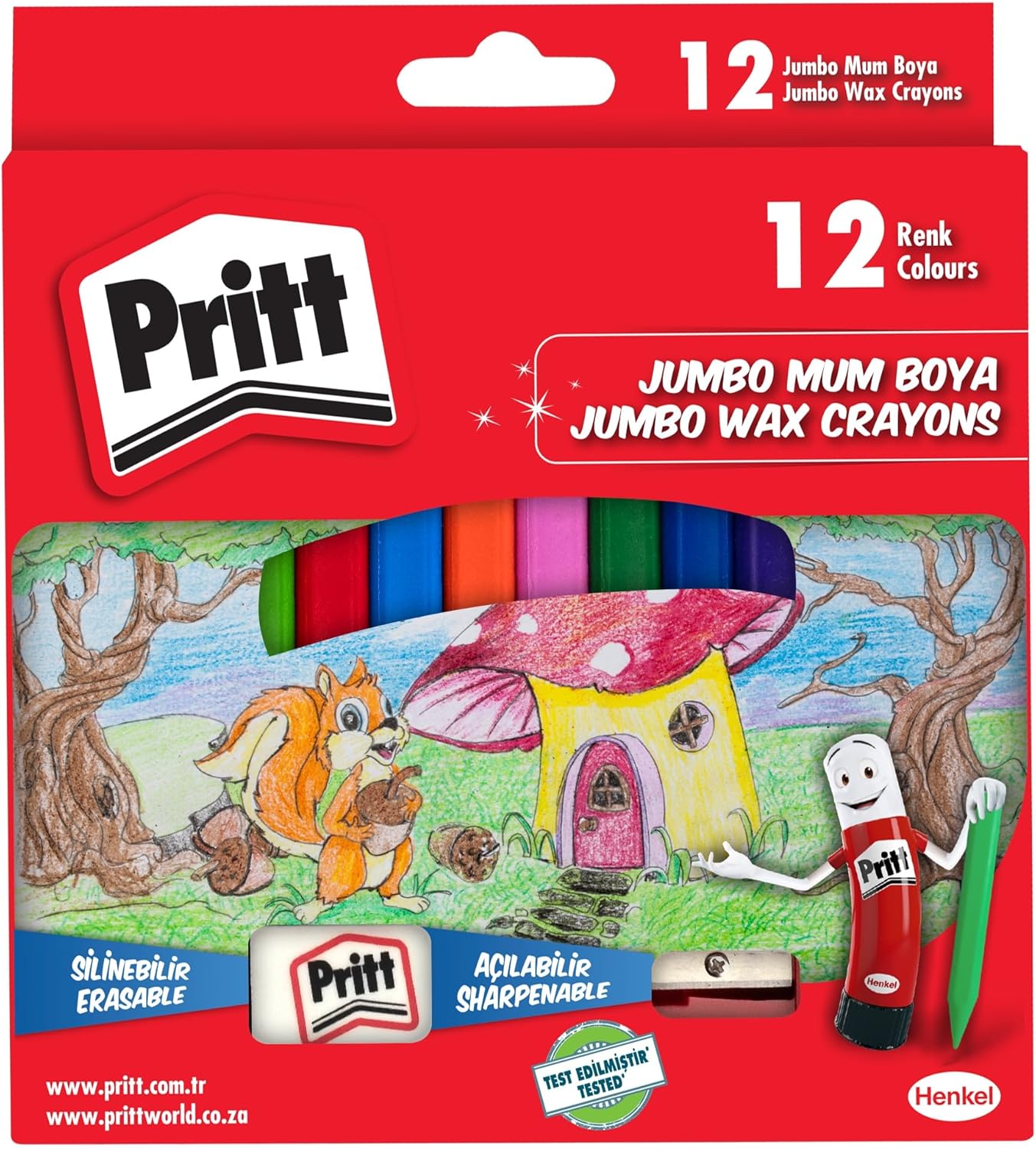 Pritt 12'li Jumbo Üçgen Silinebilir Pastel Boya (Mum Boya) + Silgi ve Kalemtıraş Hediyeli