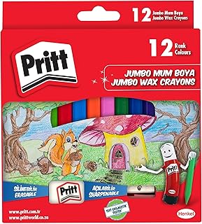 JUMBO Pritt 12'li Jumbo Üçgen Silinebilir Pastel Boya (Mum Boya) + Silgi ve Kalemtıraş Hediyeli