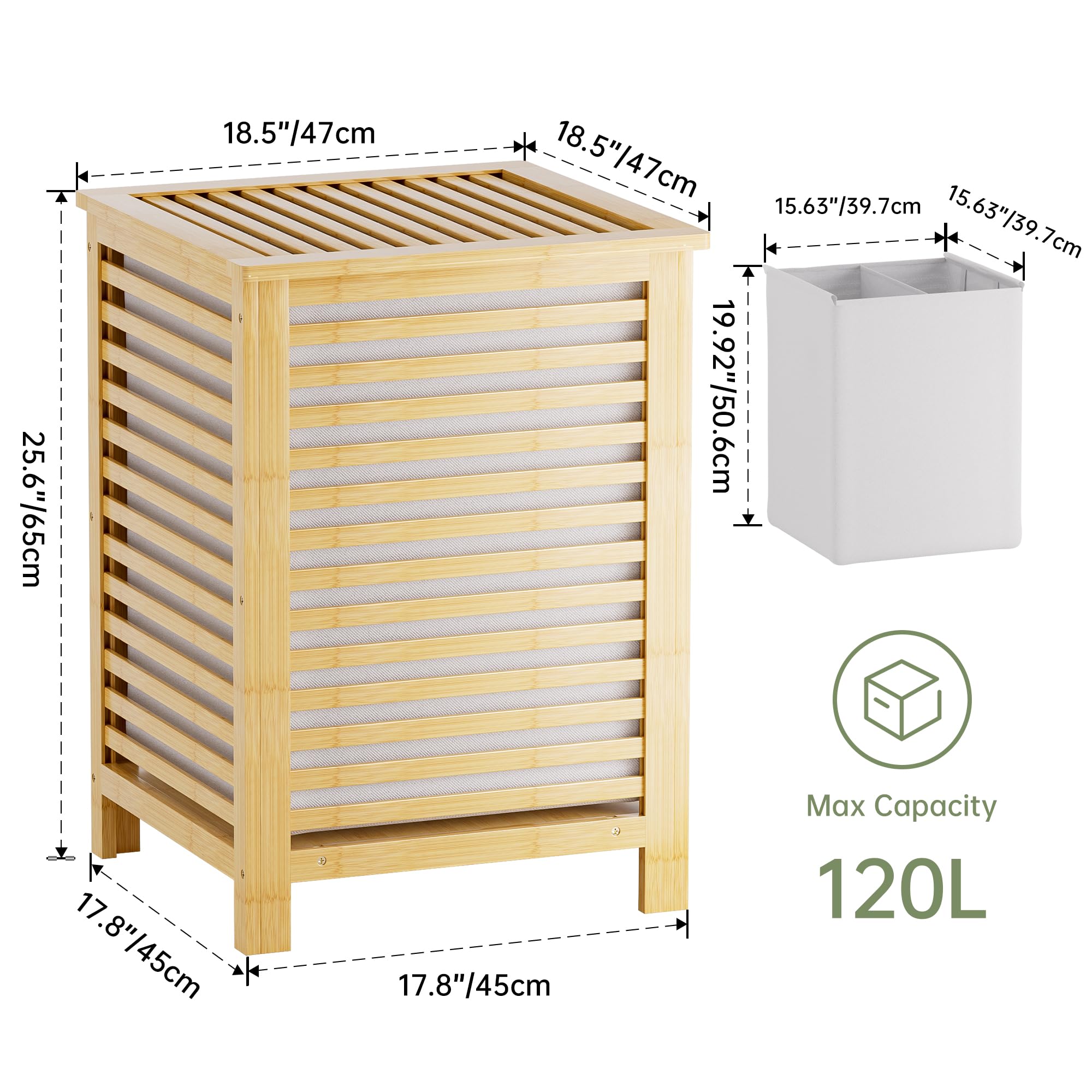 SMIBUY Panier à linge en bambou 120L avec couvercle, sac de doublure amovible, trieur à linge à 2 sections, naturel, beige, à rayure