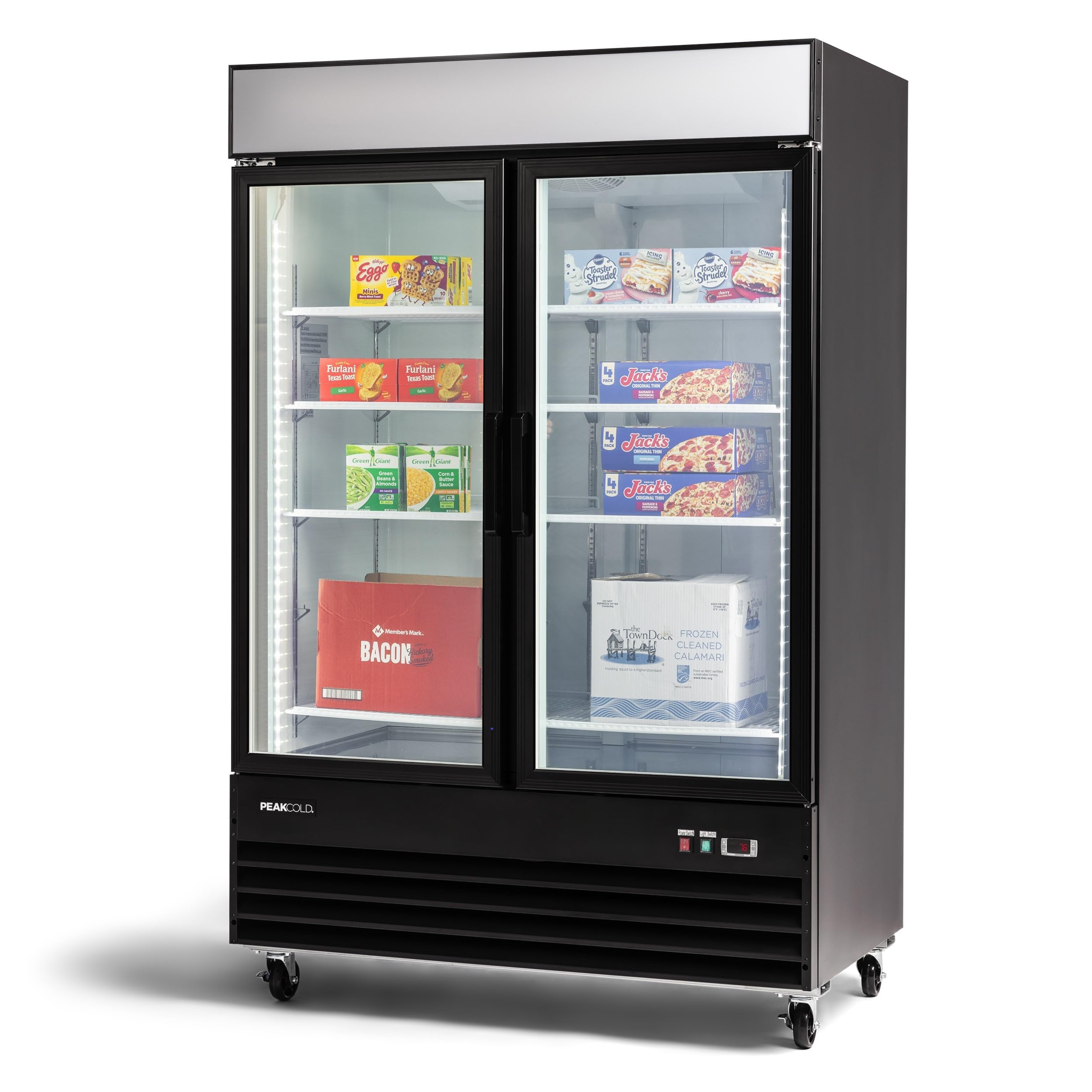 Peak Cold Double Door Upright Commercial Display Freezer - Large Capacity Glass Door Merchandiser Freezer; 45 CU Ft.