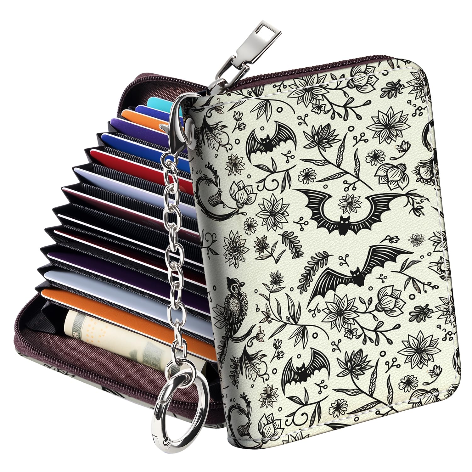 Mayski Credit Card Holder, Zipper Credit Card Wallet for Women, Small Accordion Card Cases Holder, KeyChain Wallet, Business Card Holder(Bat 01)