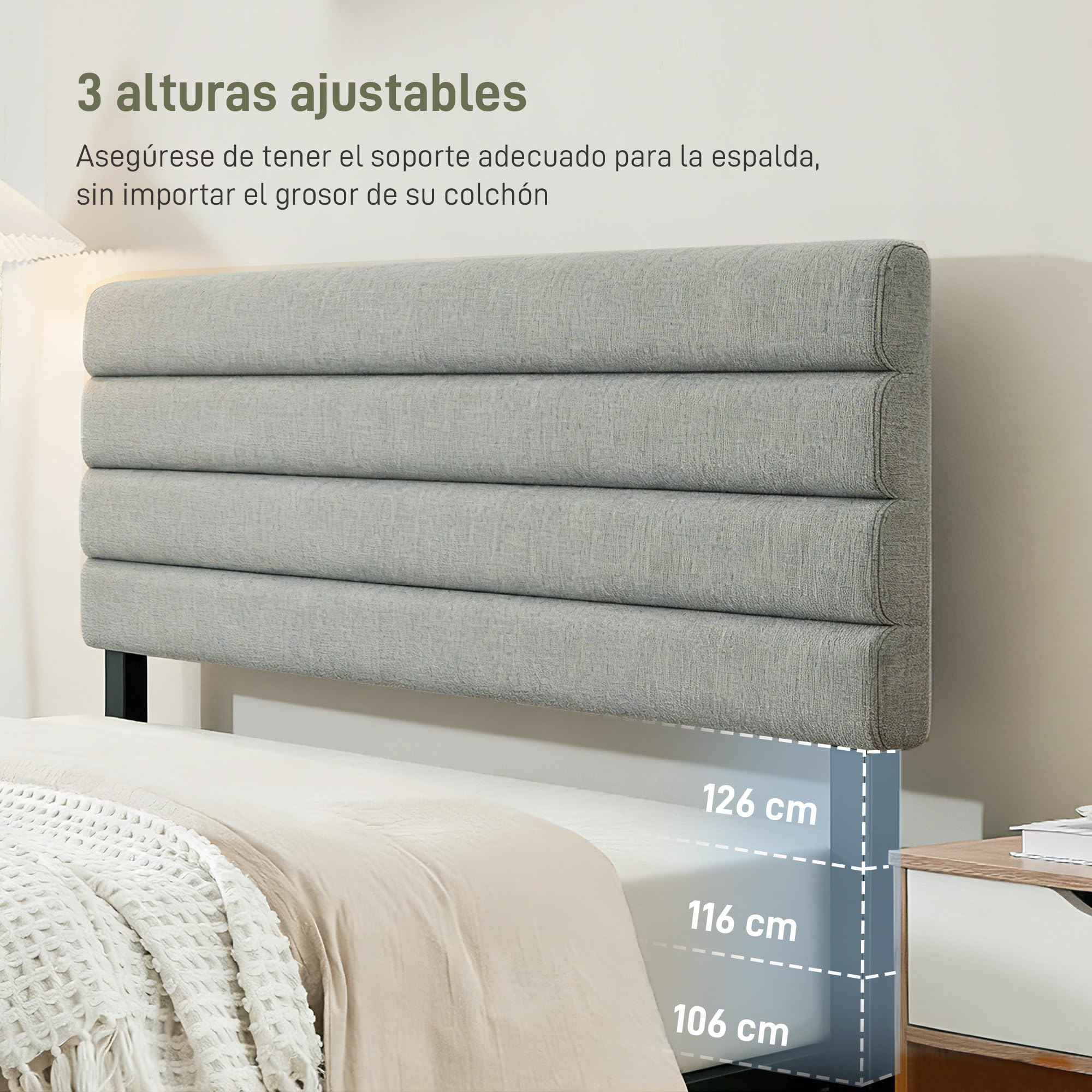 HOMCOM Cabecero de Cama 140 cm Altura Ajustable 3 Niveles Tapizado Gris | 106/116/126 cm, Cabezal de Cama en Lino, Acolchado Linea, Patas de Acero, Montaje Pared, Cabecero para Dormitorio