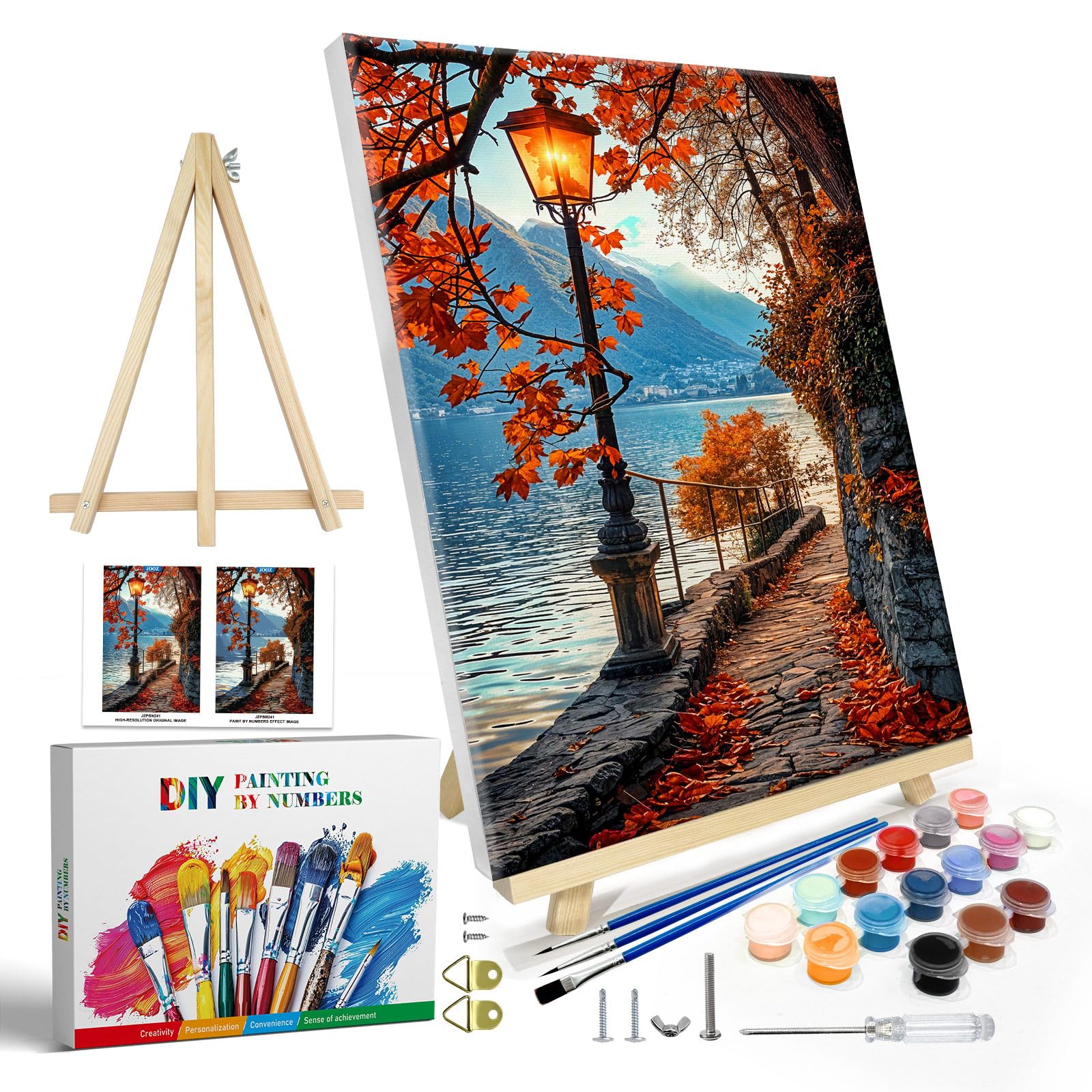 JOOZ Paint by Numbers Kit for Adults with Frame, Landscape Paint by Numbers with Easel, DIY Lake Mountain Oil Painting by Number Canvas, Adult Paint by Number Kits on Canvas for Wall Decor 8x12 Inch