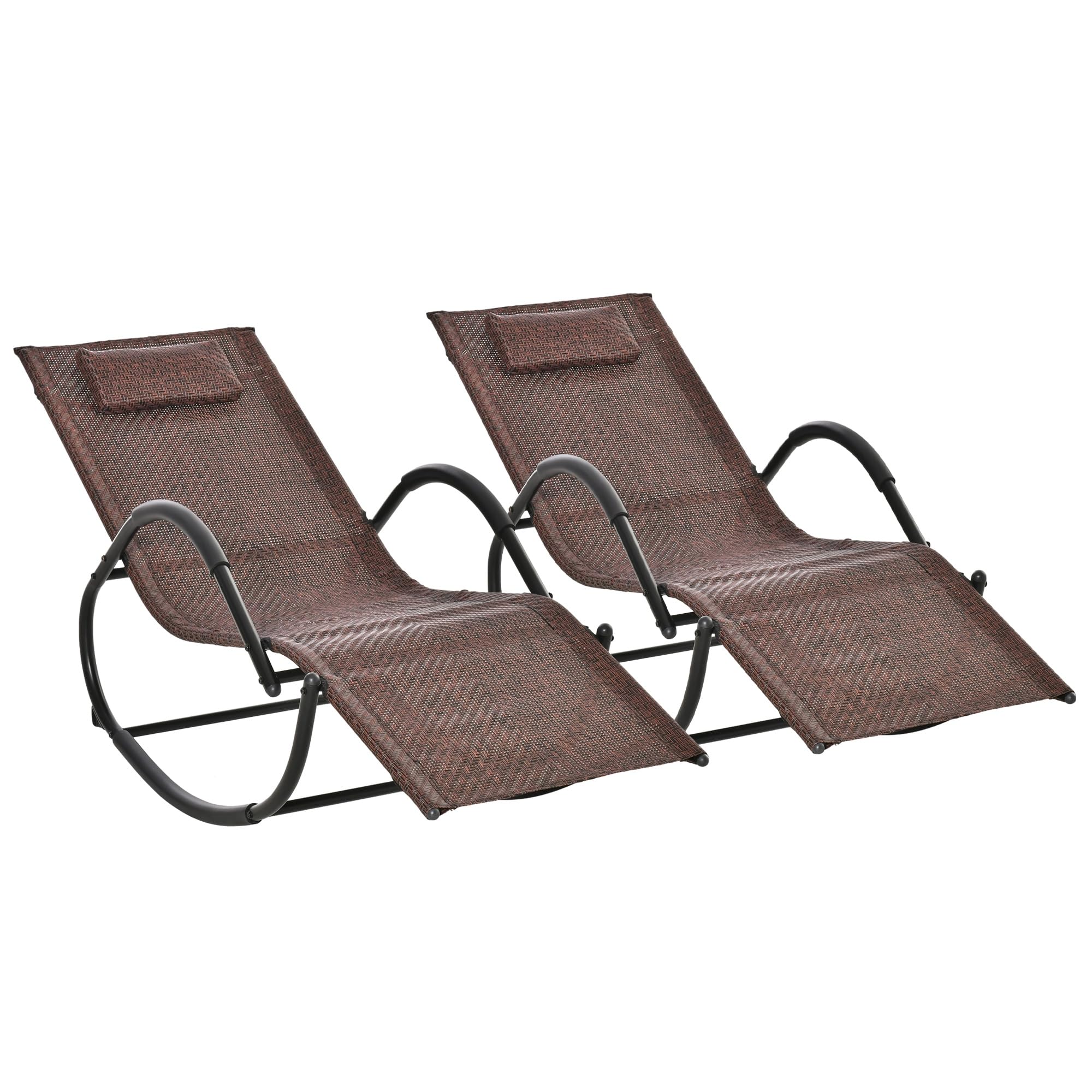 Outsunny Conjunto de 2 Mecedoras de Exterior Tumbonas Mecedoras con Reposabrazos Reposacabezas y Efecto de Ratán Carga 160 kg para Jardín Terraza 160x61x79 cm Marrón