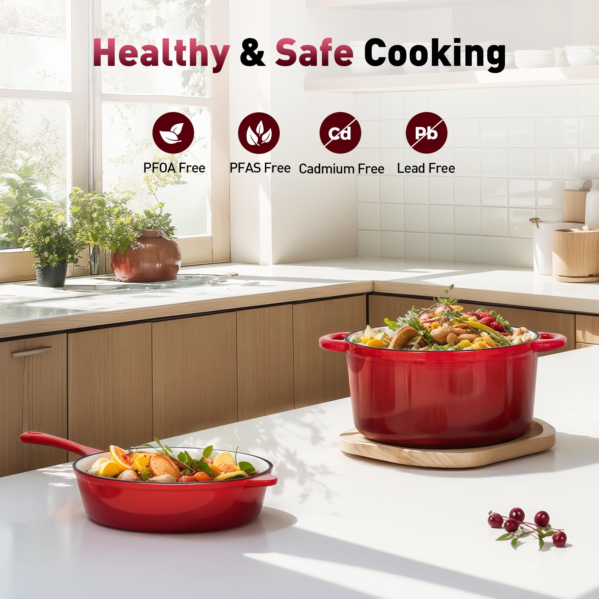 Kitchen Academy, Set di pentole in ghisa smaltata, set da 7 pezzi di forni olandesi, padella, padella, 3 coperchi, set da forno olandese, set di pentole e padelle antiaderenti, rosso