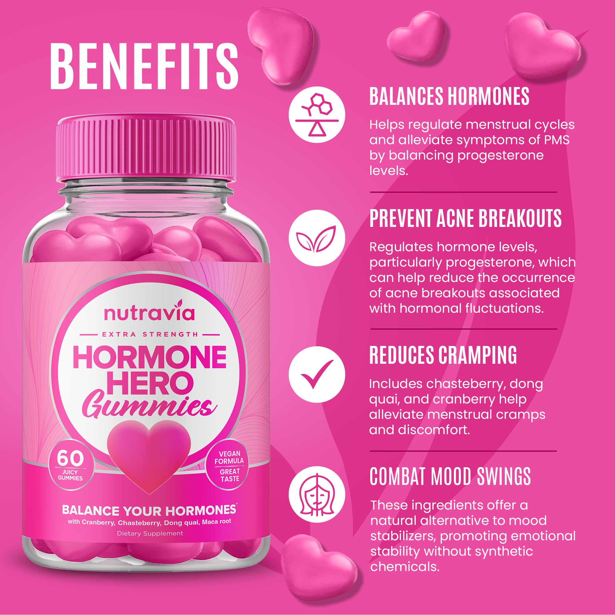 Hormone Balance For Women Gummies + PMS Relief Supplement - Supports Mood Swings, Clear Skin, Reduced Cramps and Bloating - Hormonal PMS Gummies PCOS Vitamin with Cranberry, Dong Quai (60 Gummies) — Amazon image 2