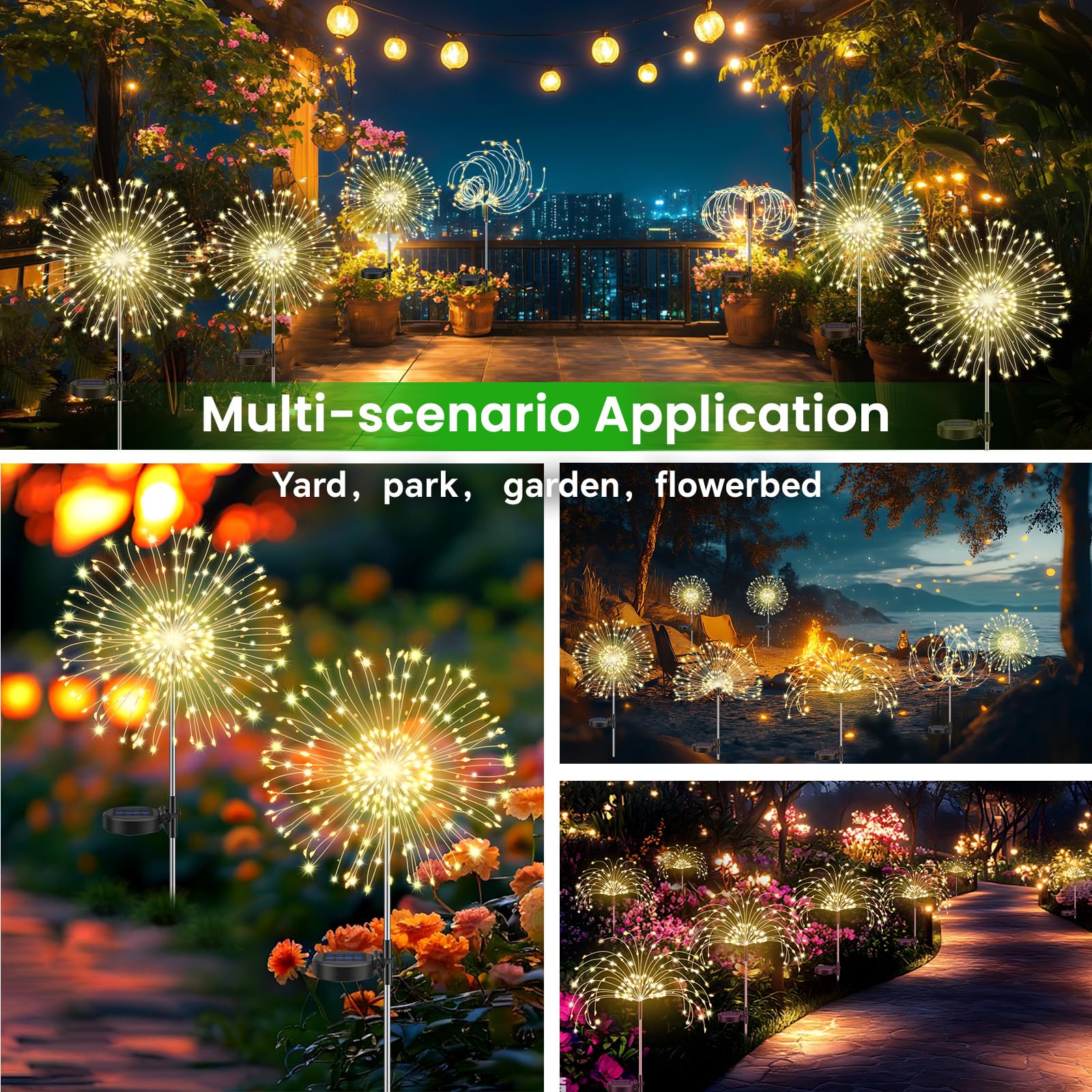 Lot de 4 Lampes Solaires d'extérieur pour Jardin, Feux d'artifice solaires en forme de pissenlit, 120 LED, 8 Modes, éclairage étoilé, Lampe de Jardin étanche pour Pelouse, allée, Cour, Blanc Chaud