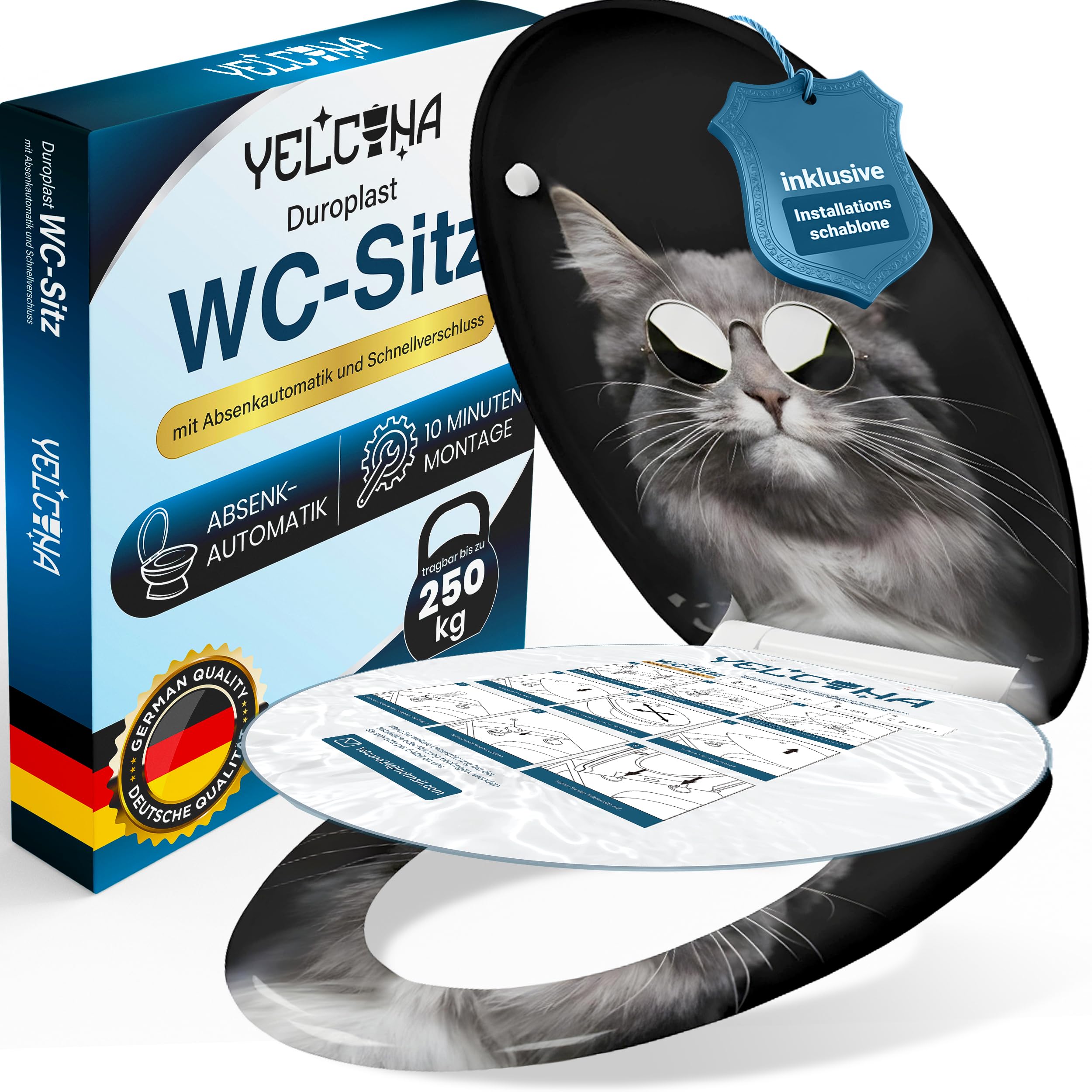 WC Sitz Mit Absenkautomatik -Antibakteriell, Toilettendeckel Mit Absenkautomatik UV-Beständig, Klodeckel Mit Absenkautomatik - Quick-Release Funktion, Inkl. Installationsschablone (Cool Cat)