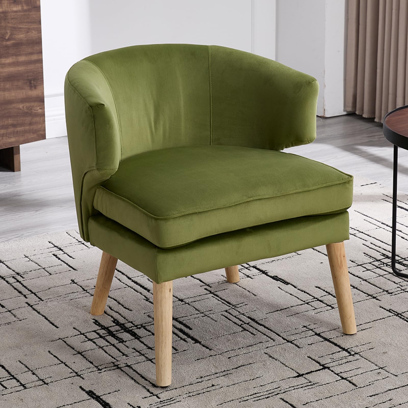 Sedia da lettura con gambe in legno in velluto, poltrona relax con doppio cuscino, per soggiorno, camera da letto, angolo lettura, verde