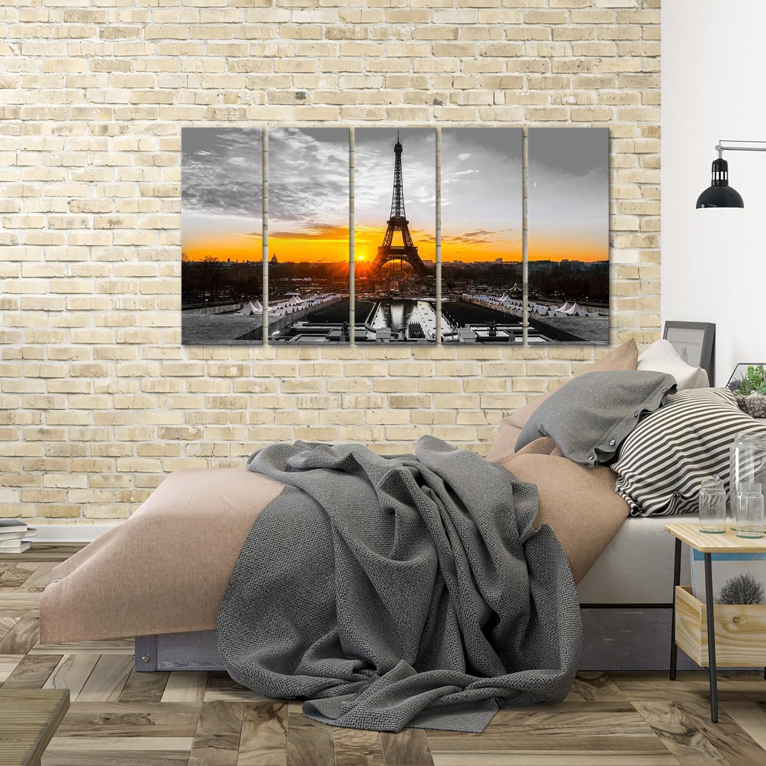 FuShvre Paris Pictures Eiffel Tower Sunset Canvas Wall Art Black and White Cityscape Wall Decor Framed 12"x32"x5pieces
