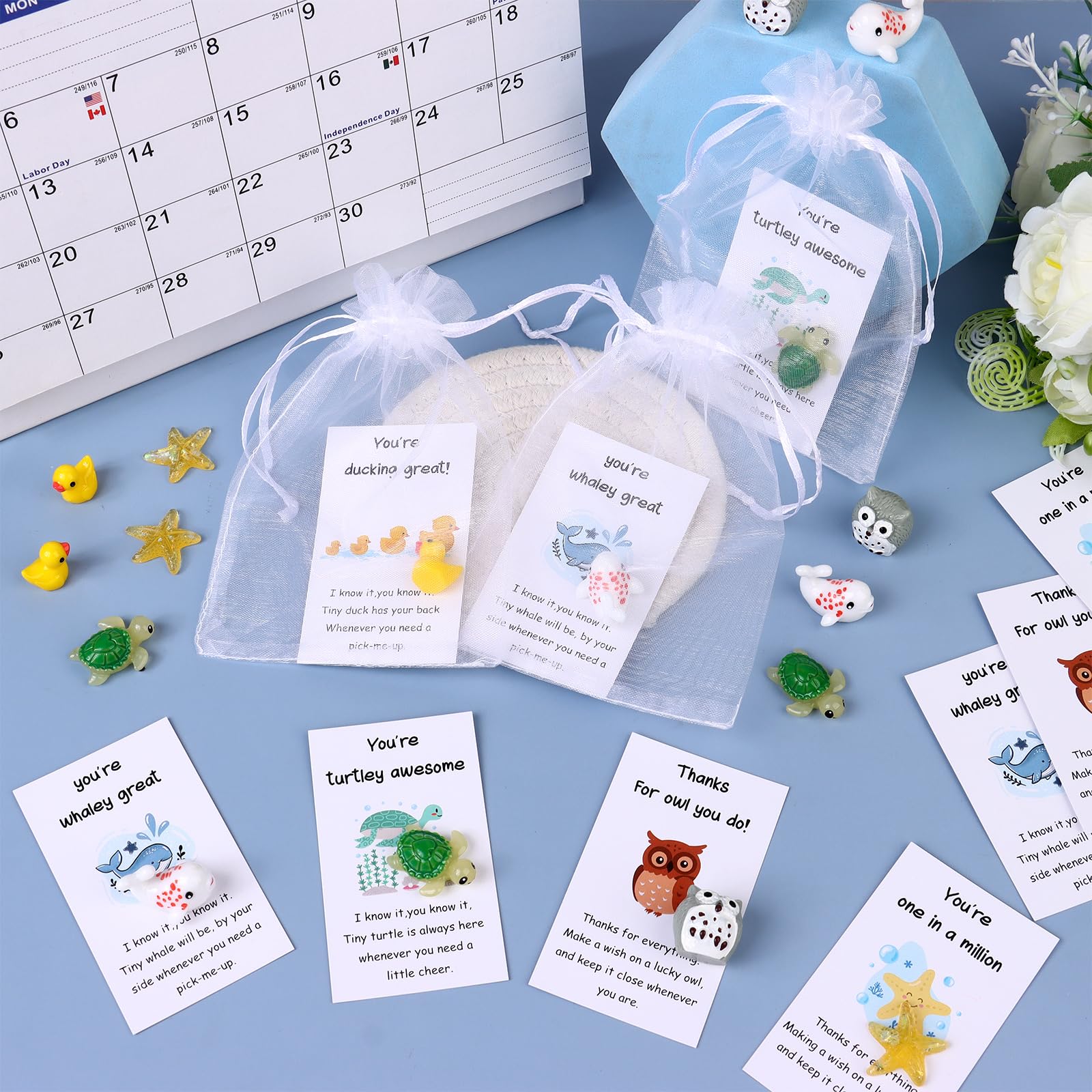 50 Set Mixed Animal Thank You Staff Gifts Employee Appreciation Gift Bulk for Coworkers Animal Pun Inspirational Note Cards Resin Ducks Stars Whales Turtles Owls Inspirational Gifts for Teacher Office - Image 4