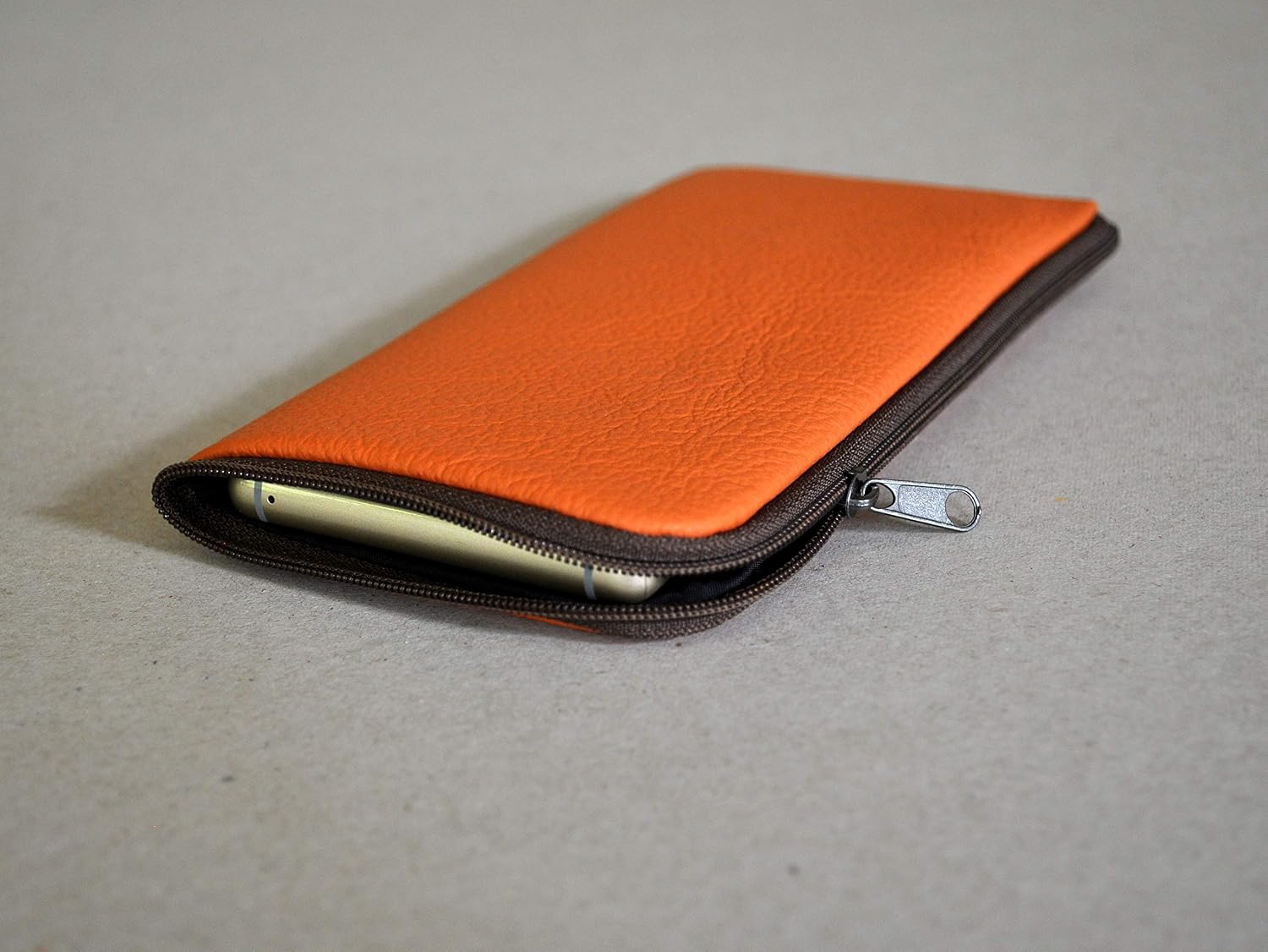 True Italian Burnt Orange Leather Case for iPhone 15/15 Pro. Soft Lined Zip Pouch
