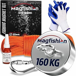 Magfishion Magnet Fishing Kit - 160 KG (350lb) - Ø60mm - Super Strong Neodymium Magnet with Rope (20M), Carabiner, Gloves, Threadlocker - Magnetic Fishing Magnets