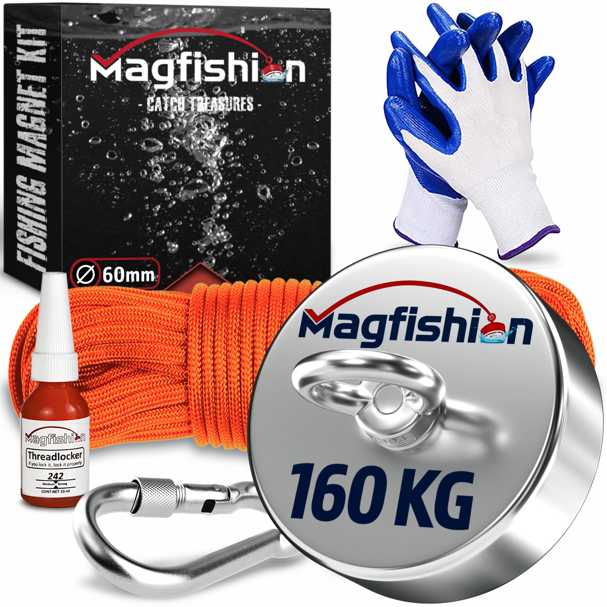 Magnet Fishing Kit - 160 KG (350lb) - Ø60mm - Super Strong Neodymium Magnet with Rope (20M), Carabiner, Gloves, Threadlocker - Magnetic Fishing Magnets