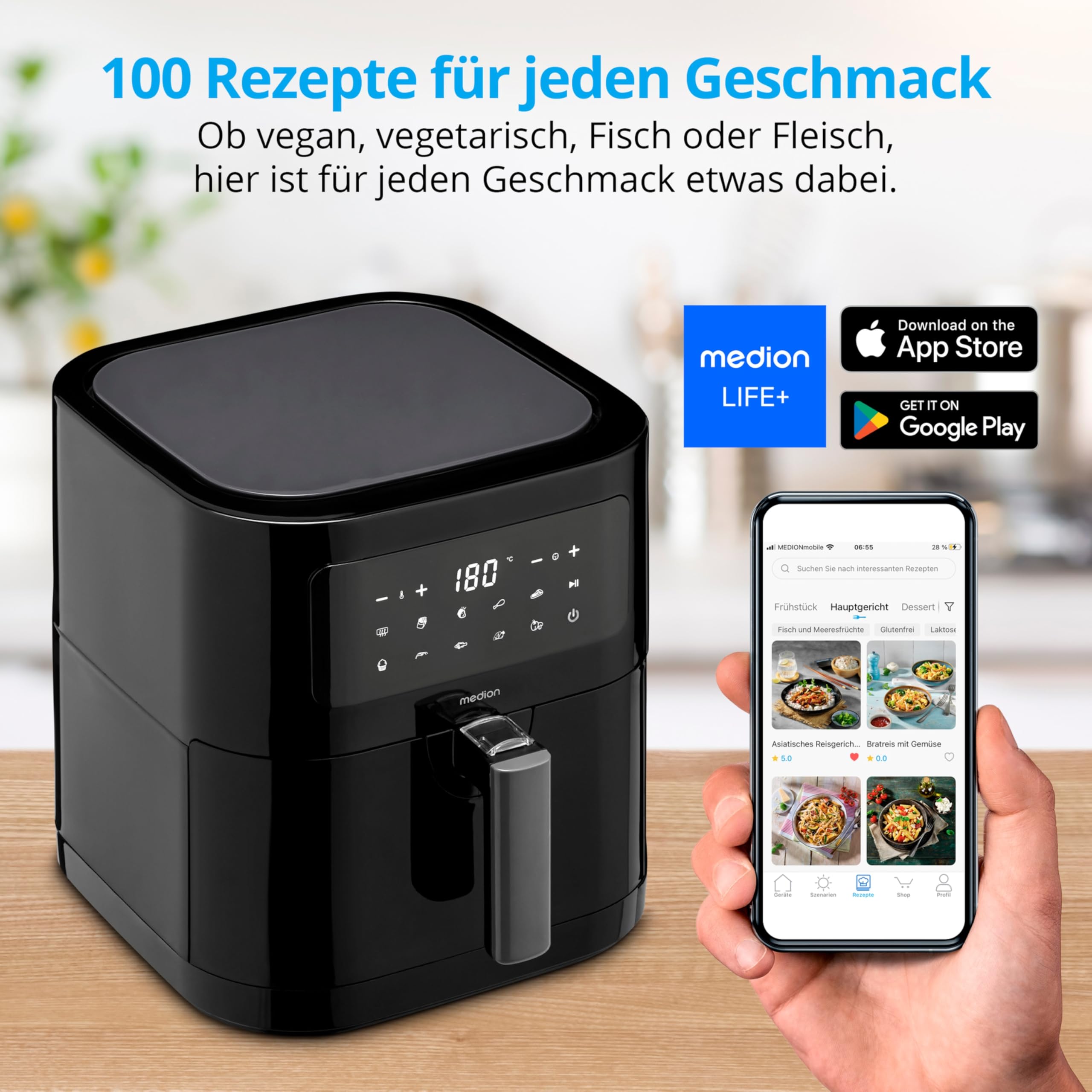 MEDION E40 XL Heißluftfritteuse (5,2 Liter, Airfryer, 2.150 Watt, 9 Automatikprogramme, Backfunktion, ölfreies Frittieren, Touch Bedienfeld, LED Anzeige, MD 11740) schwarz