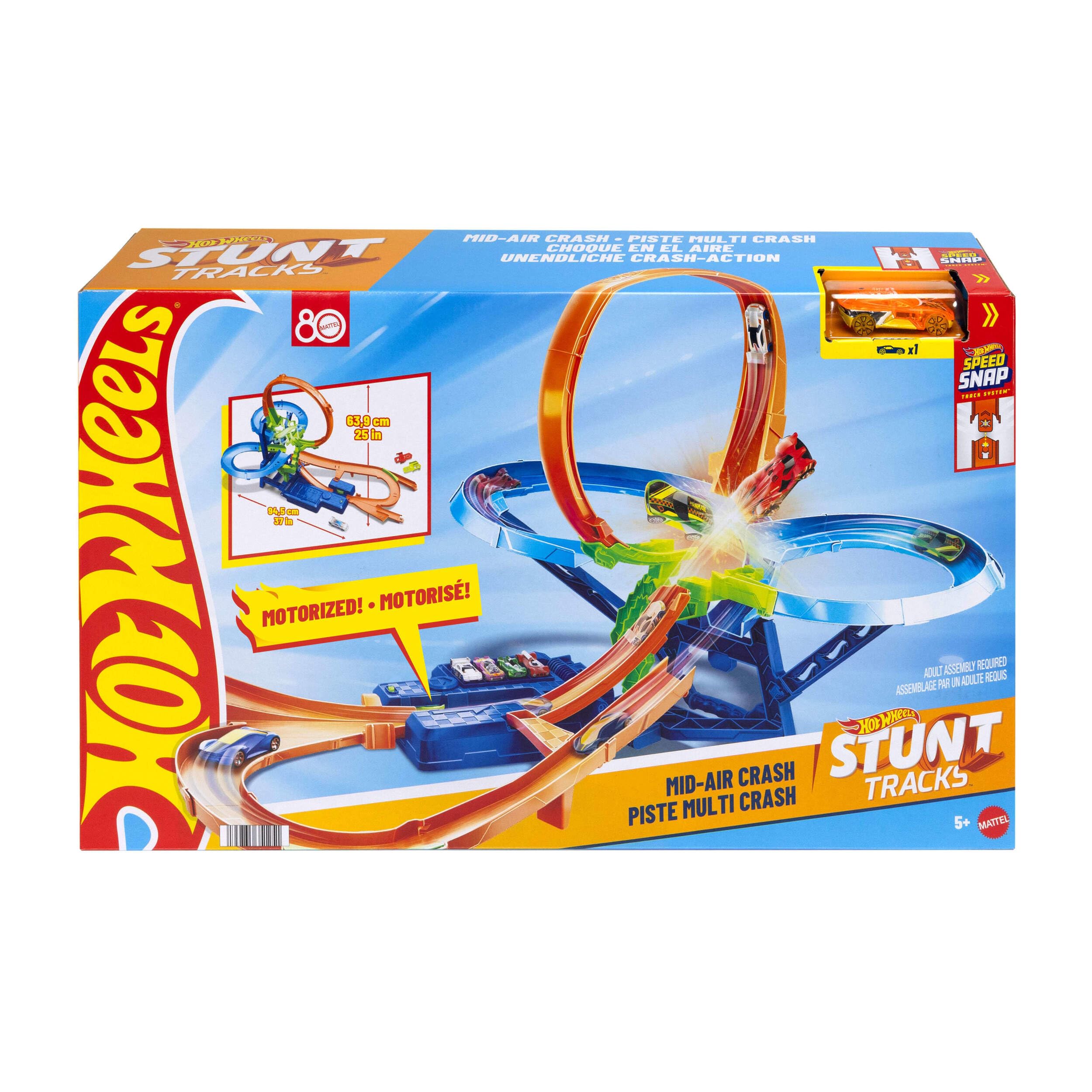 Hot Wheels - Scontri Volanti, set pista per acrobazie e corse senza sosta, con booster motorizzato e macchinina in scala 1:64 inclusa, giocattolo per bambini, 5+ anni, JKJ78