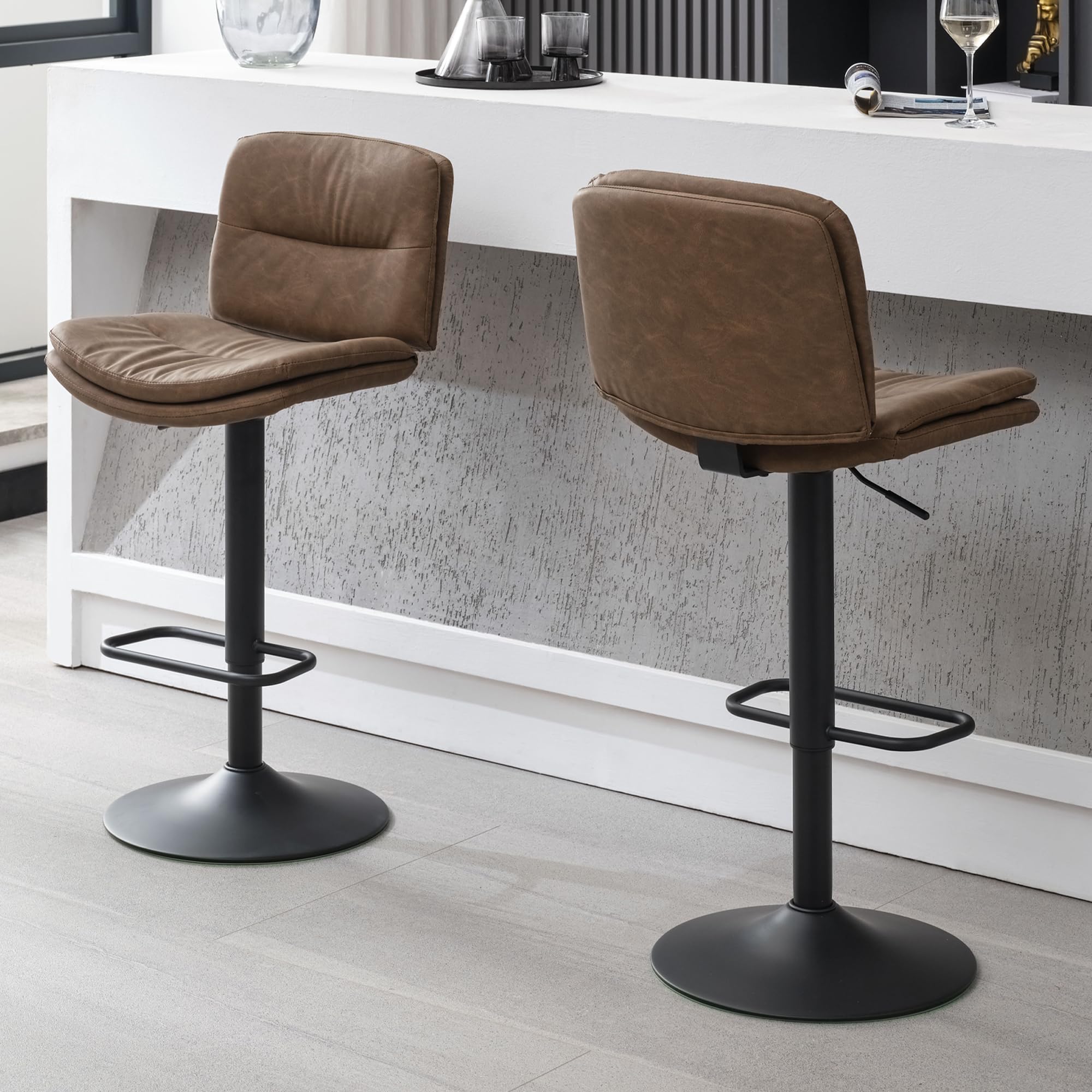 FIRAVOE Swivel Bar Stools Set of 2, Double-Layer Upholstered Counter Height Bar Stools with Back, Adjustable Bar Stool 24"-32", Faux Leather Barstools