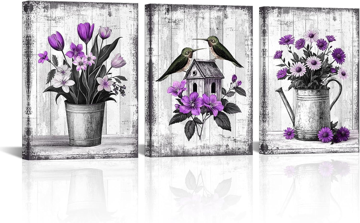 Conipit Farmhouse Flower Pictures Purple Floral Birds Canvas Black White Purple Flowers Wall Art Framed For Bedroom Decor(Purple Small)