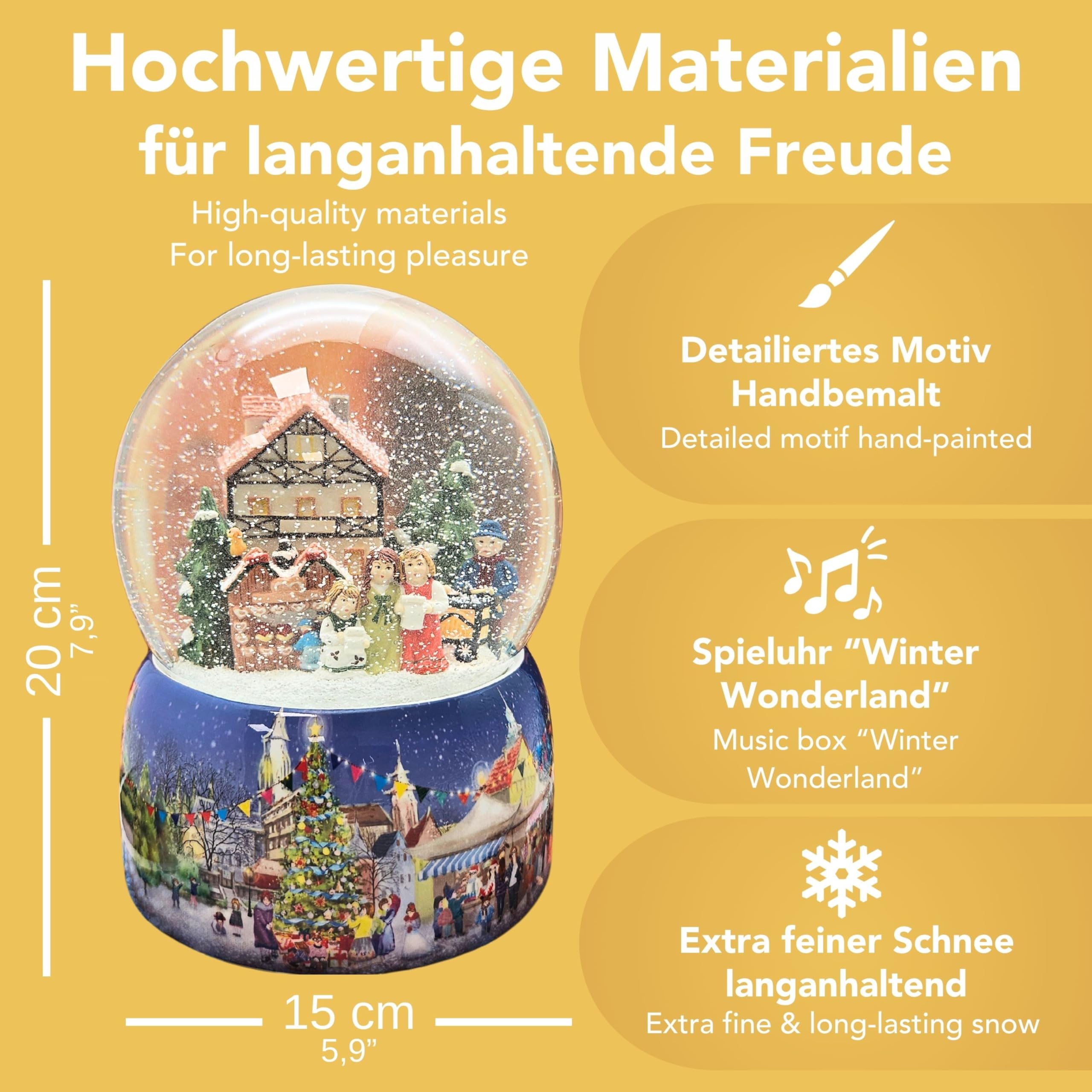 Schneekugel Weihnachten Spieluhr | Mega Schneekugel Nostalgischer Weihnachtsmarkt | mit Musik Winter Wonderland | H:20 cm B: 15 cm | Schüttelkugel | 20065
