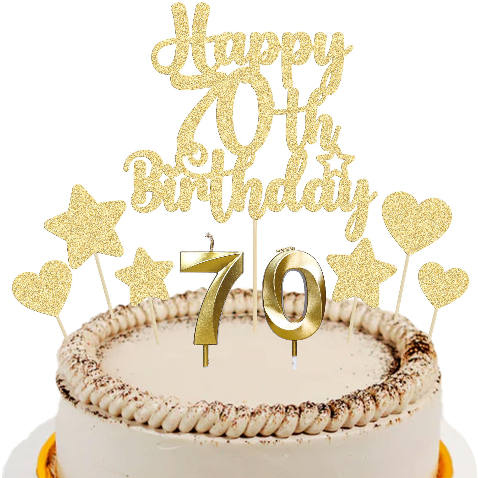 Gyufise 15Pcs Happy 70th Birthday Cake Topper Set with Heart Star Glitter Cheers to 70 Years Cake Picks Number 70 Candles Cake Decorations for Happy 70th Birthday Anniversary Party Supplies Gold โ image 1