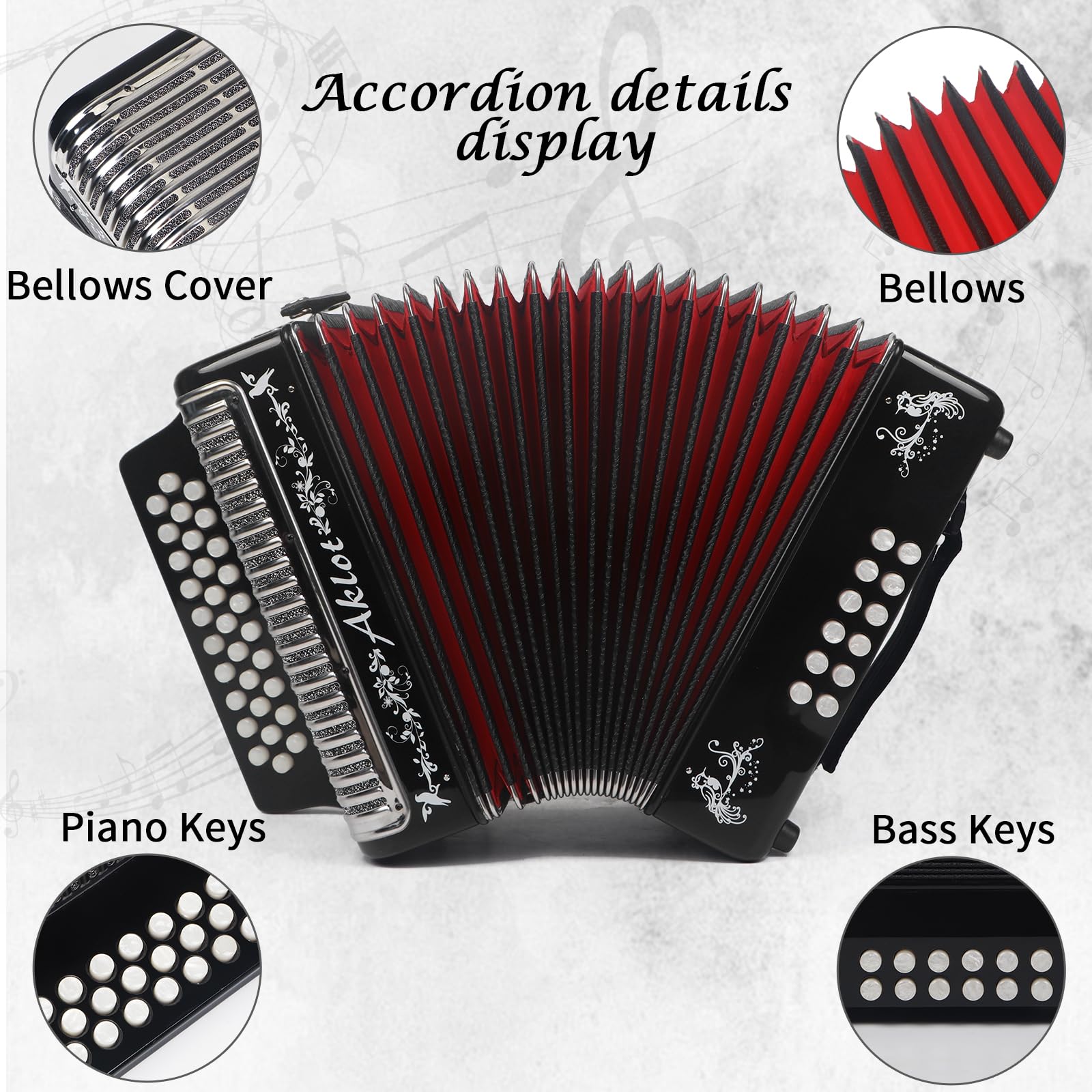 AKLOT Fisarmonica: Fisarmonica 31 Tasti 12 Base F/B/E per Adulti, Fisarmonica Diatonica per Principianti, Fisarmonica con Valigetta da Trasporto, Cinghia Nero