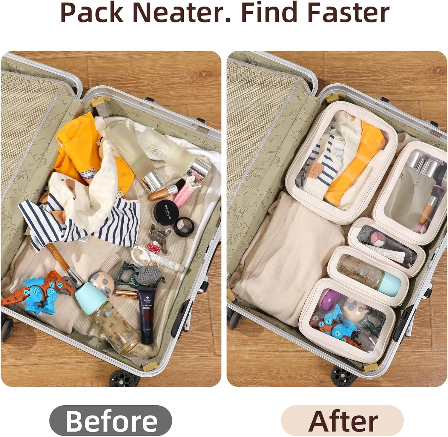 5PCS Diaper Bag Organizer Pouch Set, Clear Organizer Bags, TSA Approved Toiletry Bag, Clear Waterproof Cosmetic Bags with Zipper, Purse Organizer Pouches, Travel Organizer Bags for Woman and Kids