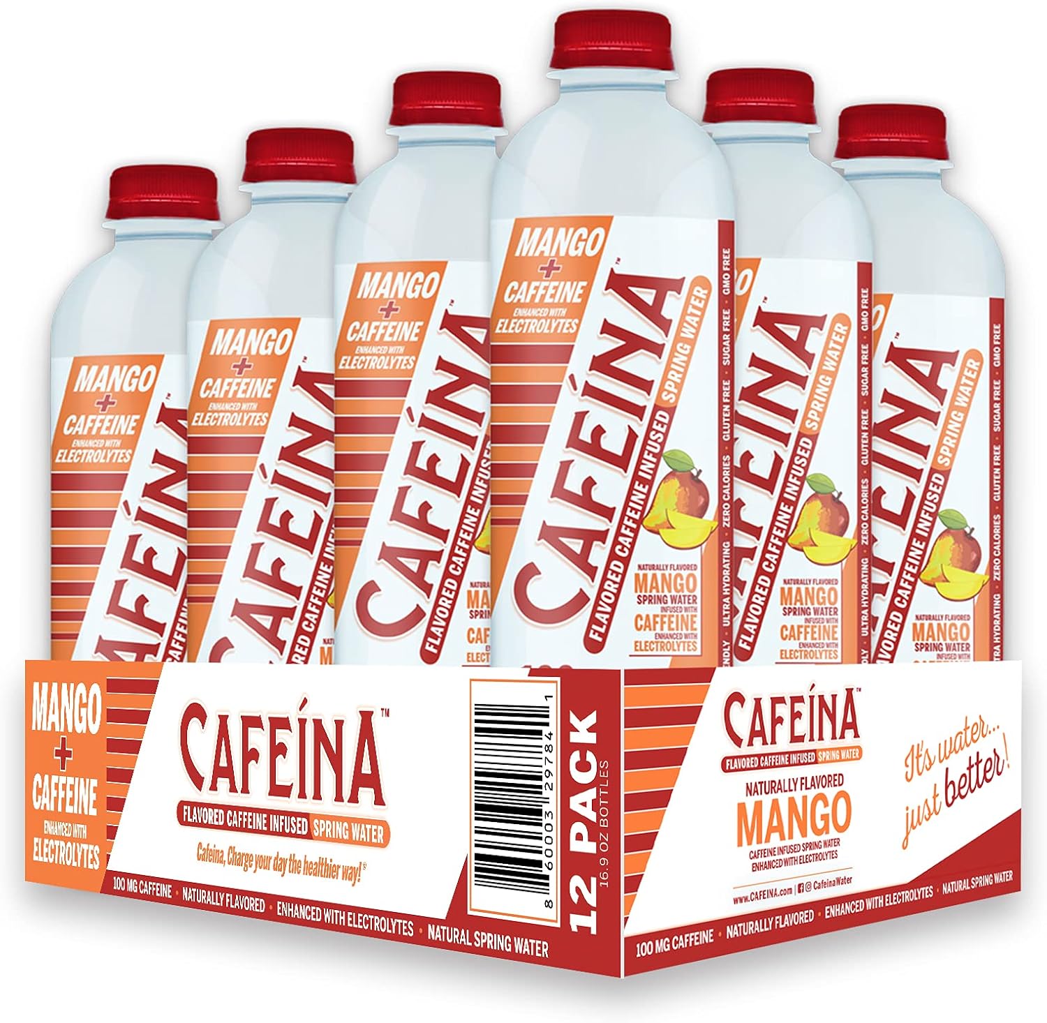 Cafeina Mango - Naturally Flavored Caffeinated Spring Water (12 Pack) - 100mg Caffeine, Mango Flavored, Added Electrolytes, Natural Energy Boost - Ultra Hydrating - Keto Friendly - Kosher - Pre-Workout Boost and Post-Workout Recovery