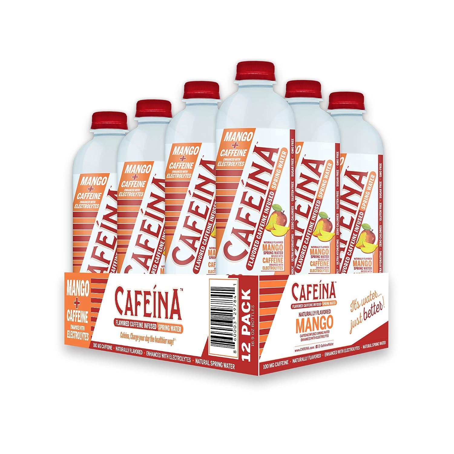 Cafeina Mango - Naturally Flavored Caffeinated Spring Water (12 Pack) - 100mg Caffeine, Mango Flavored, Added Electrolytes, Natural Energy Boost - Ultra Hydrating - Keto Friendly - Kosher - Pre-Workout Boost and Post-Workout Recovery