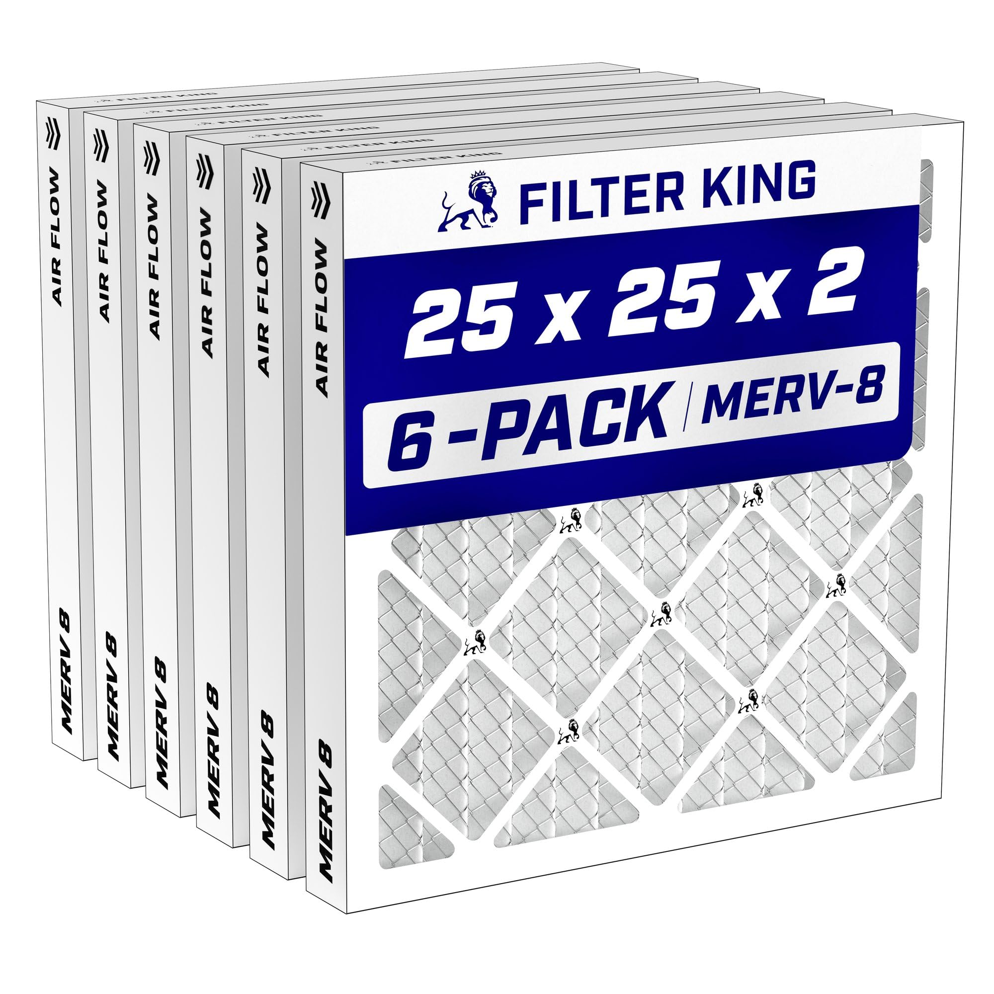 Filter King 25x25x2 Air Filter MERV 8, AC Furnace Filters (6-Pack) | Dust & Allergy Control (Actual Size: 24.5 x 24.5 x 1.75)