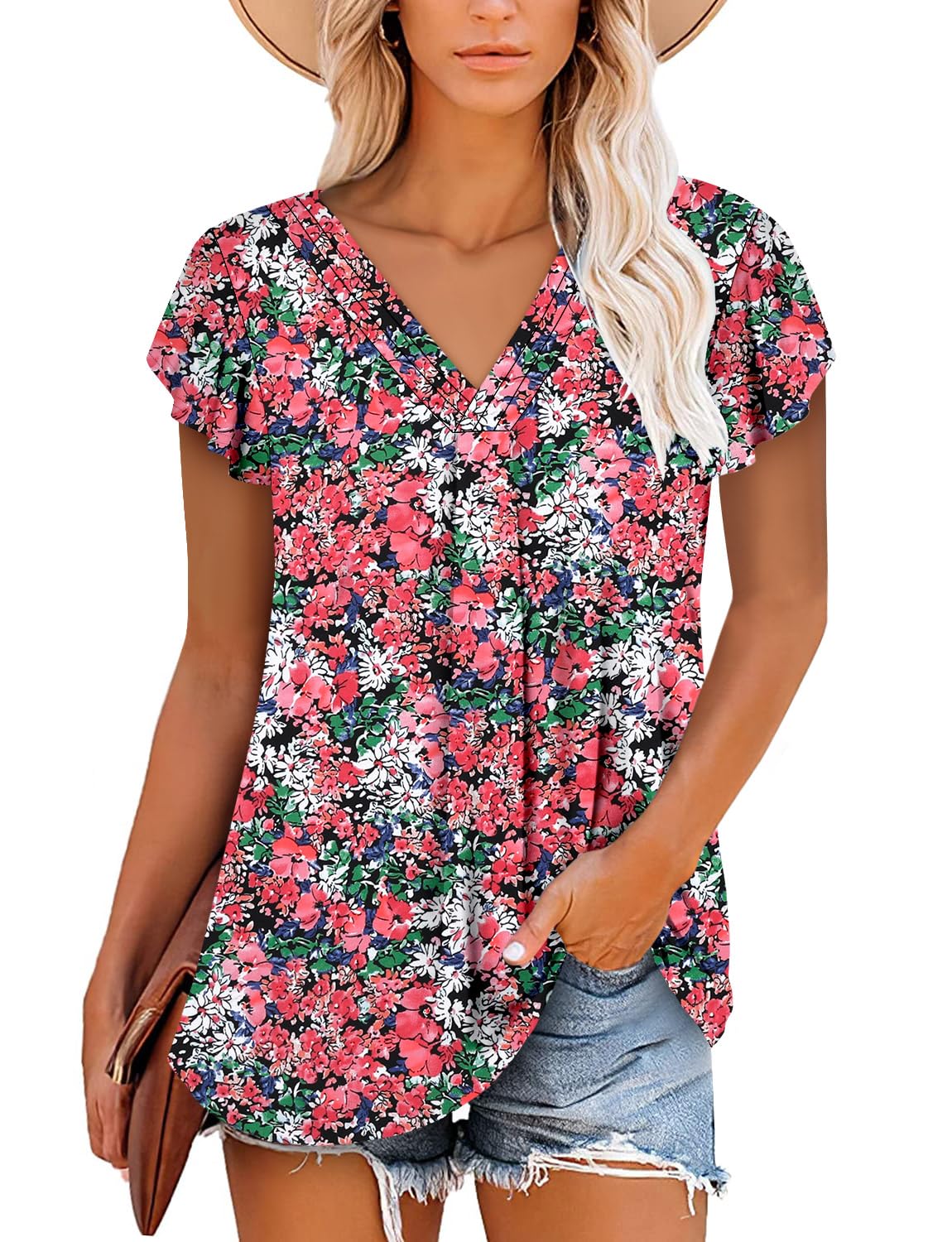 ONLYSHE Womens Summer Shirts and Blouses Casual Short Sleeve Tunic Tops V Neck Loose Fit