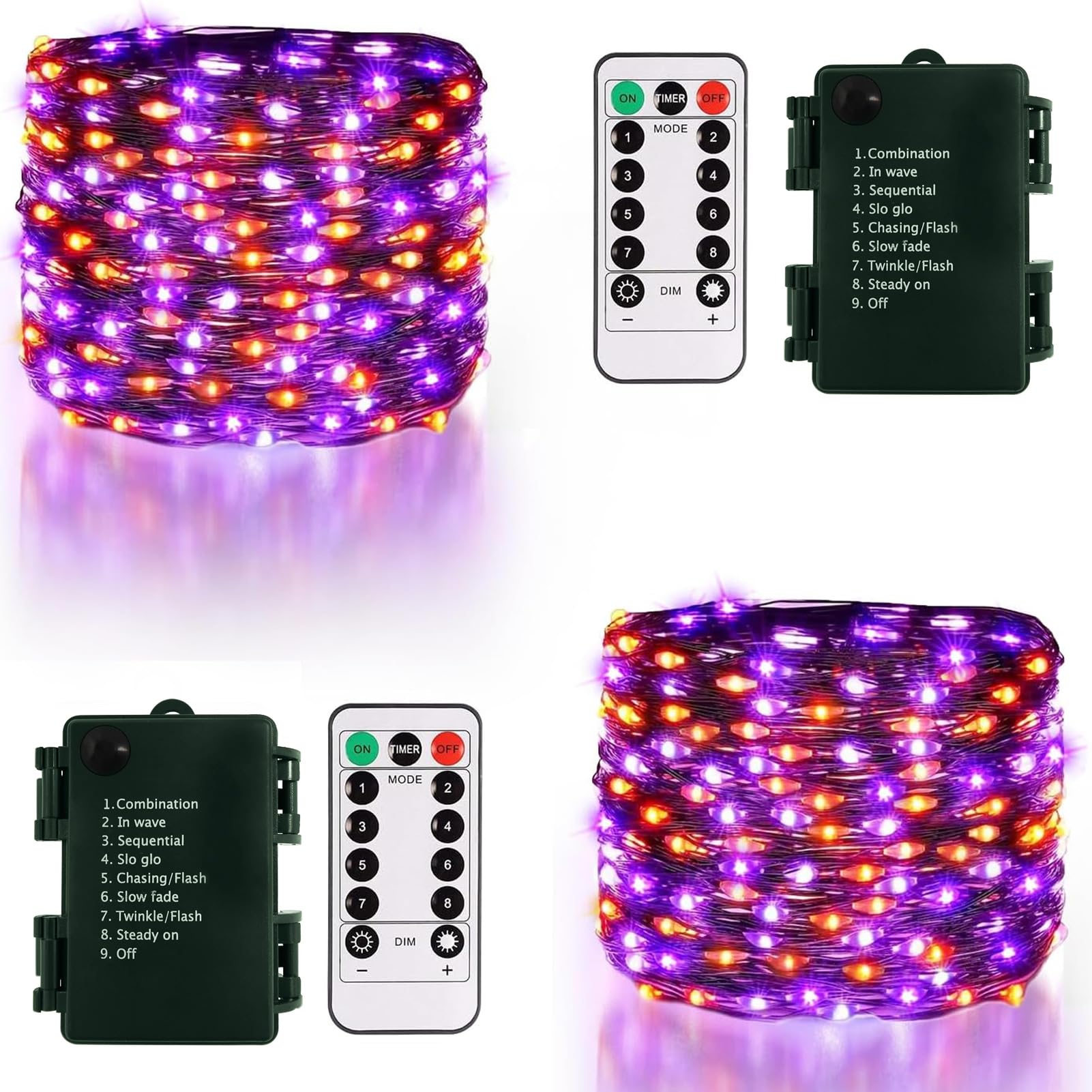 DBFAIRY 2 Pack Halloween Fairy Lights Battery Operated, 10M 100 LED Purple and Orange Halloween Decoration Lights with Remote 8 Modes Waterproof Black Wire String Lights for Bedroom Party Decor
