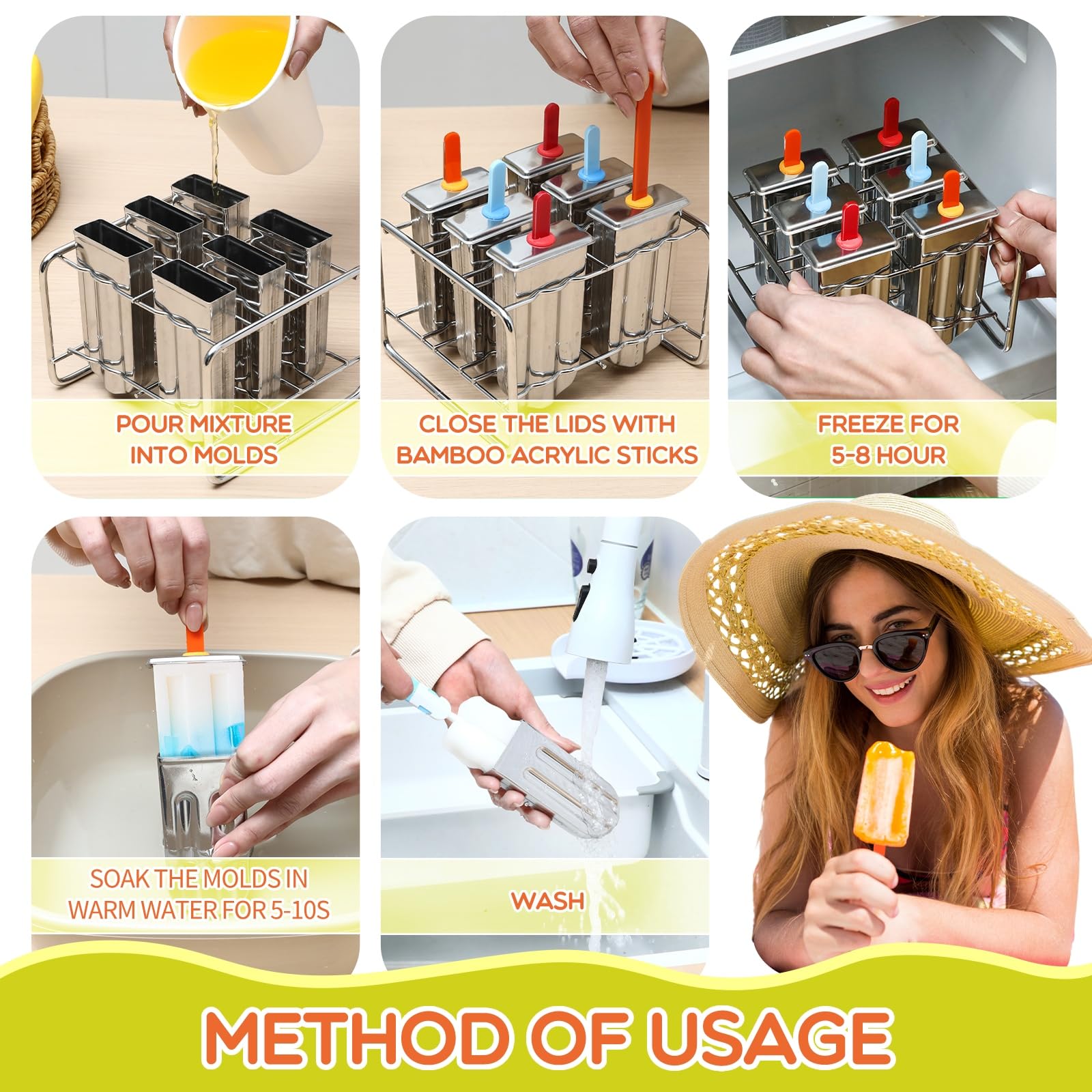 Jingmore Molde de acero inoxidable, 6 moldes de helado de metal de cabeza redonda con soporte, 6 palos acrílicos, máquina de hielo con palitos para hacer yogur congelado, frutas, helados, sorbetes