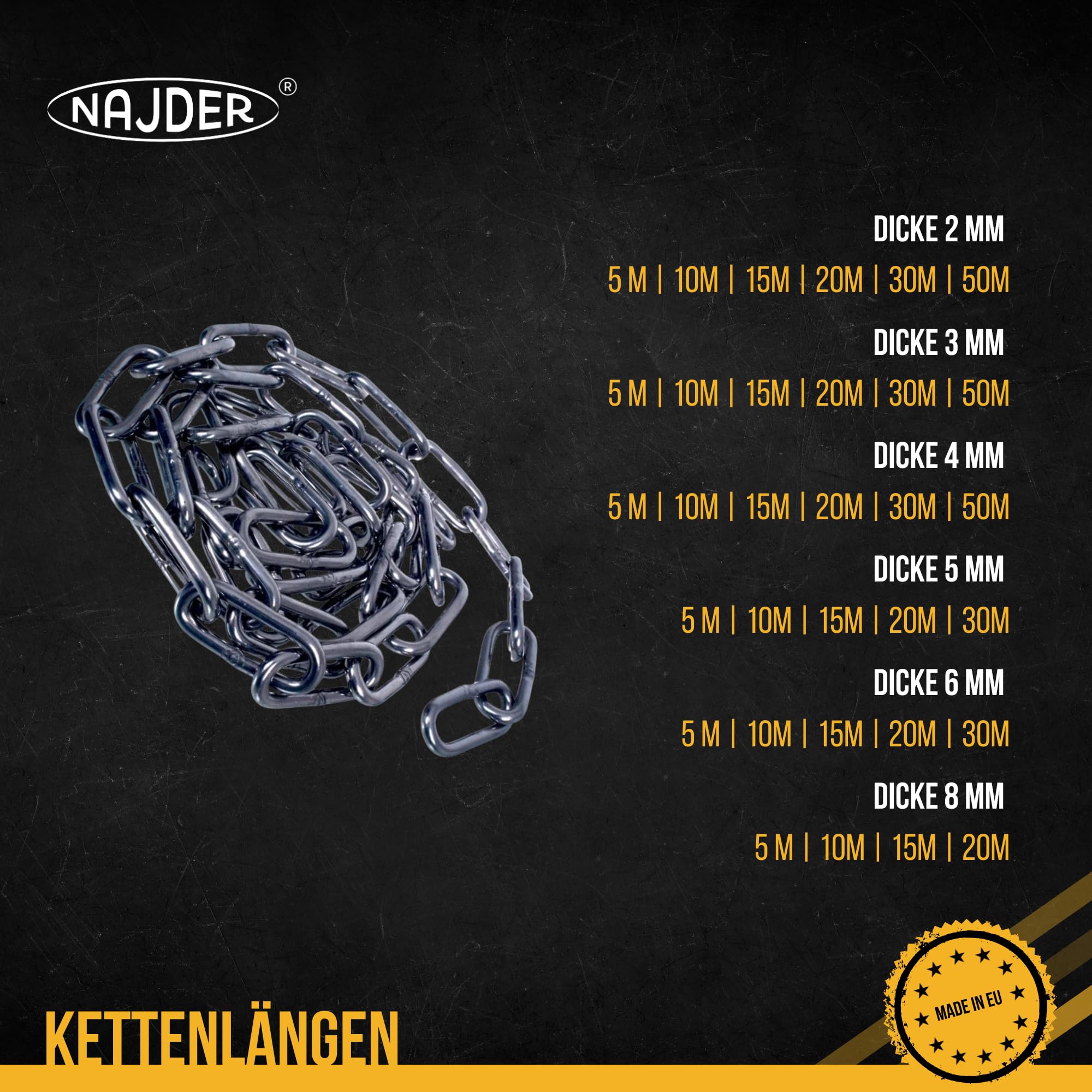 NAJDER Edelstahlkette 5m, Edelstahl Ketten, Sicherungskette, Kette Hängesessel, Absperrketten, Max 320kg, Langglied 3mm x 5m, DIN 763, Dicke 3mm, Edelstahl A4, Inox, AISI 316, Premium Qualität