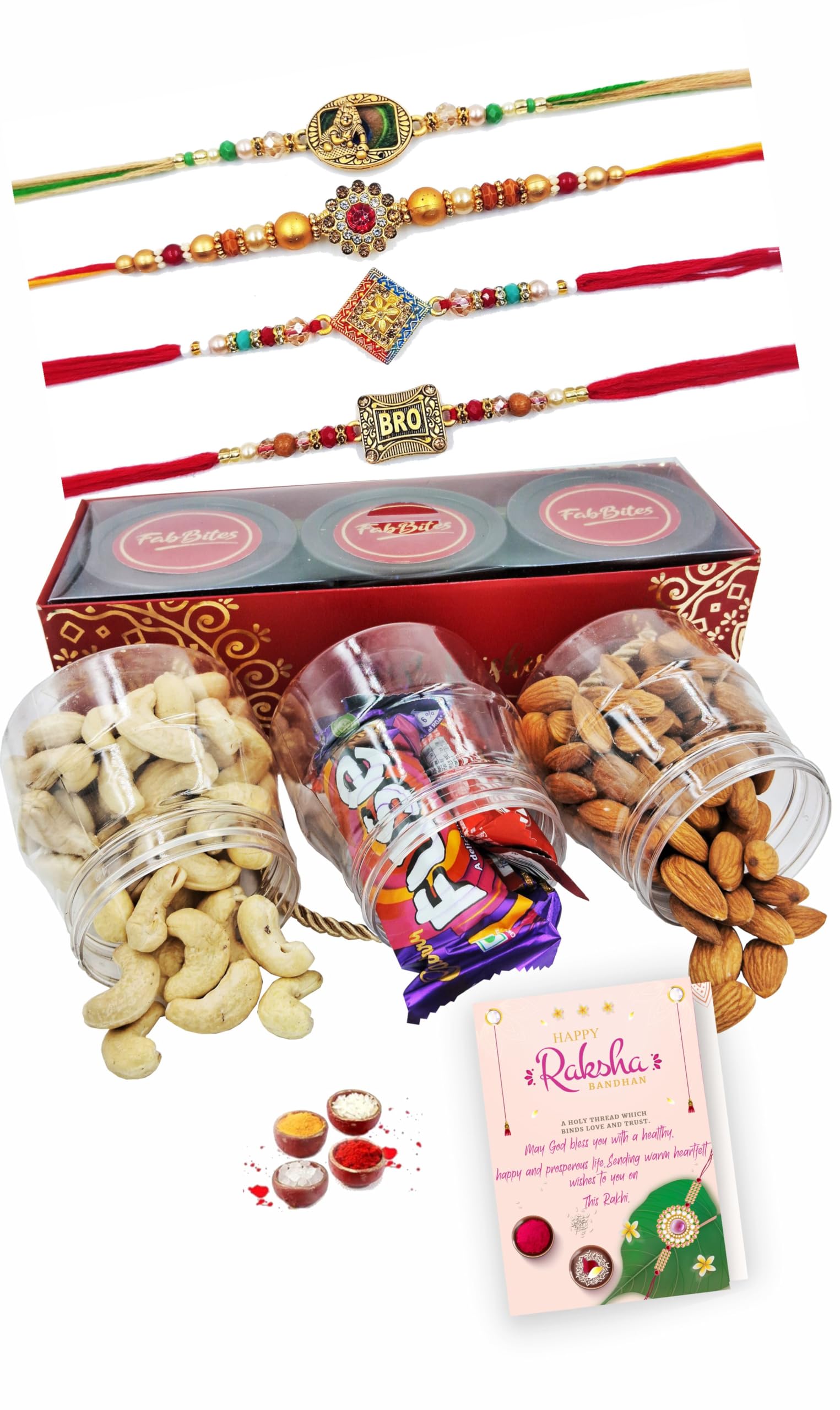 Fabbites Rakhi with Chocolates and Dry Fruits Gift Combo for Brother, Bhabhi and Kids, Set of 4 Rakhi with Almond, Cashew, Dairy Milk, Kitkat,Fuse Chocolate