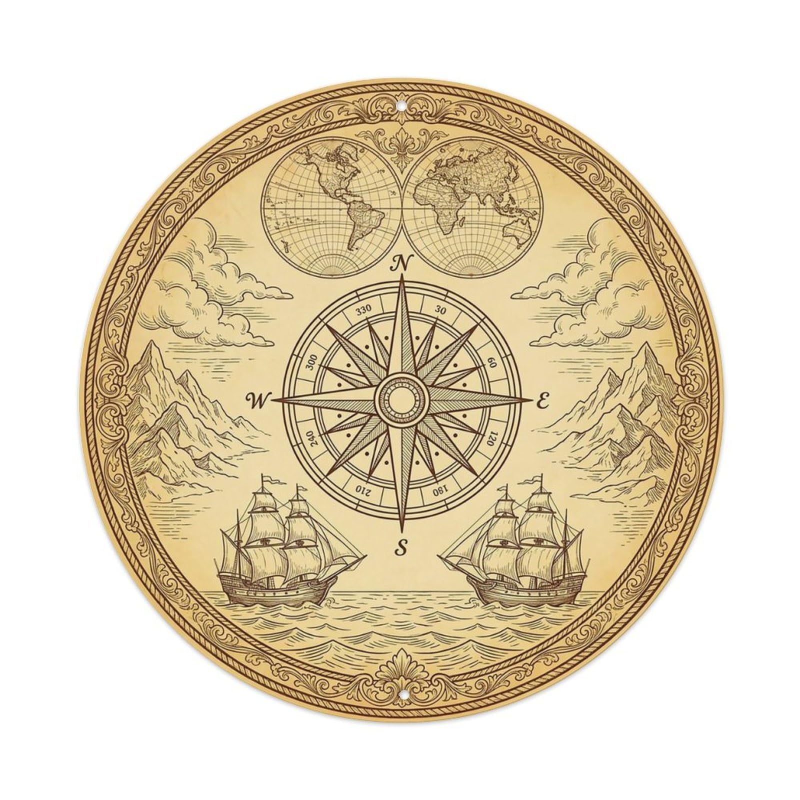 Vintage Nautical Compass World Map Stellar Path Metal Tin Sign