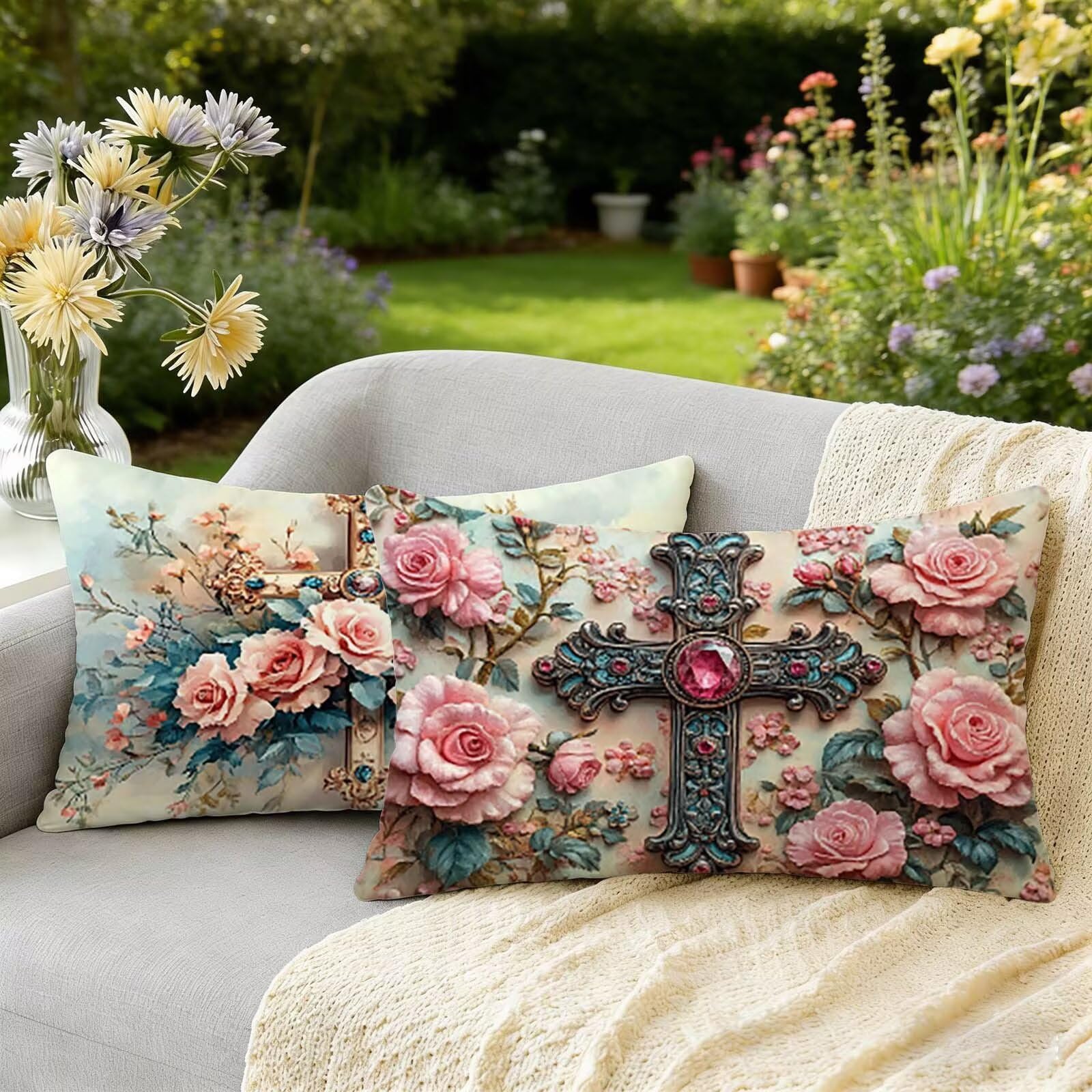 Housse coussin 50x70 rose imperméable en velours pour protéger vos oreillers extérieurs du jardin