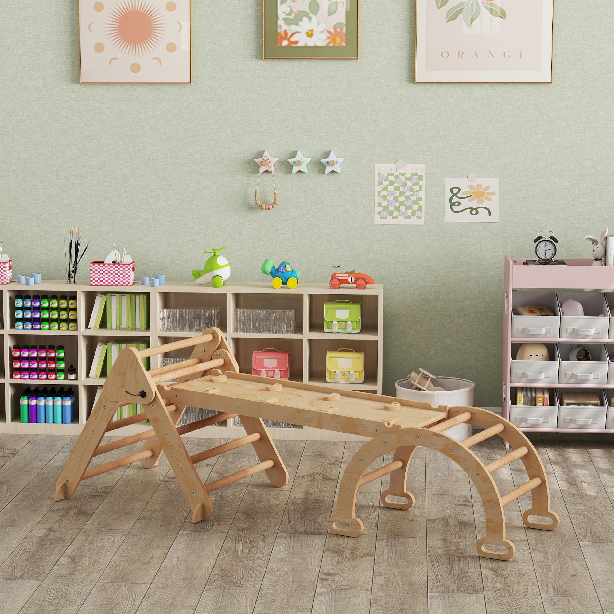 AIYAPLAY 7 en 1 Triángulo de Escalada Montessori con Arco y Rampa, Escalada para Niños de Madera Plegable, para 18-48 Meses, para Deslizarse o Escalar, 188x70 cm, Natural