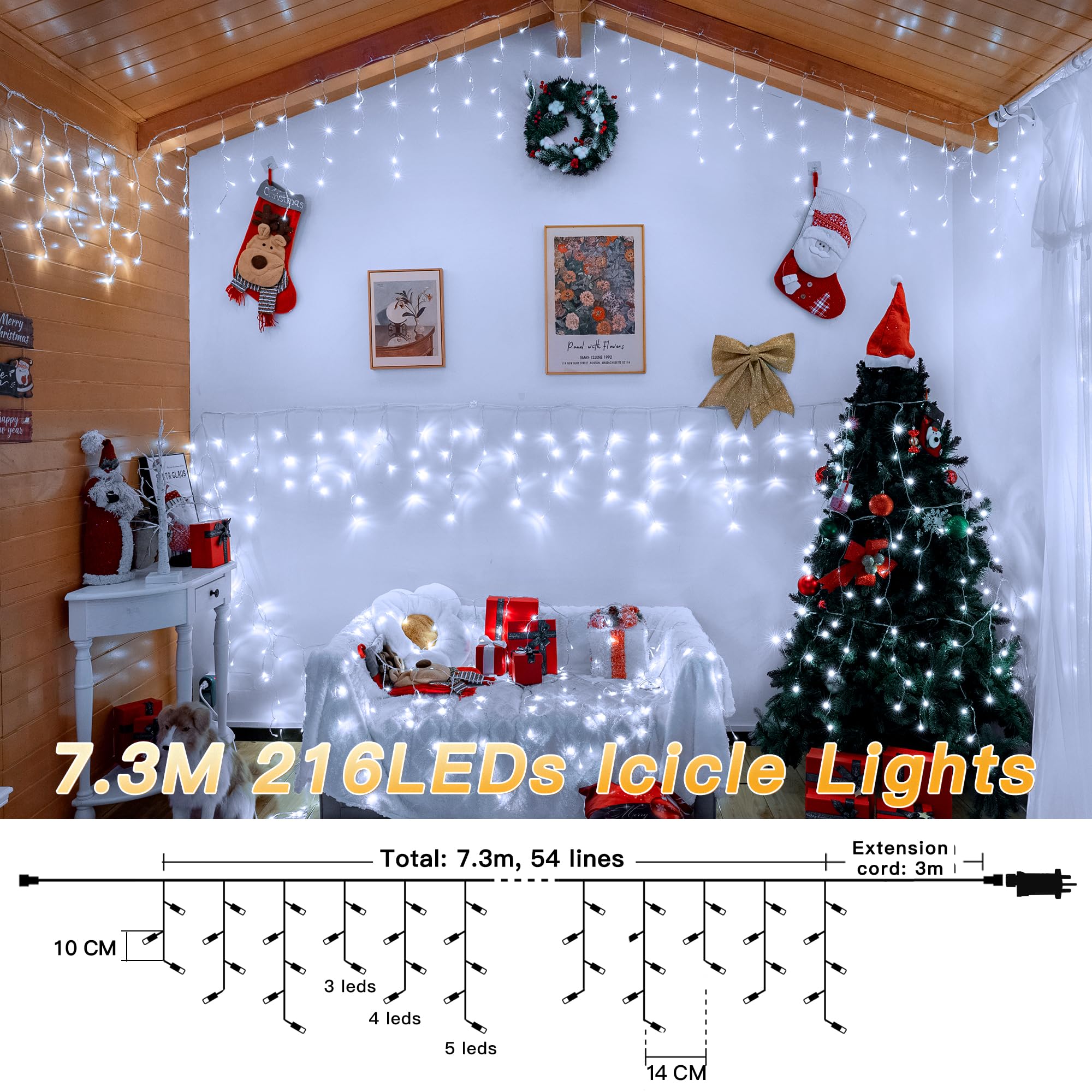 Hopexy Icicle Outdoor Christmas Lights, 216 LEDs 7.3m Waterproof Connectable Outside Fairy Light Mains Powered - Image 2