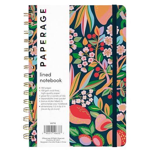 PAPERAGE Lined Spiral Journal Notebook, (Cherry Blossom & Fruit), 160 Pages, Medium 5.5 inches x 8 inches - 100 GSM Thick Paper, Hardcover, Double-Wire Spiral Journal & Notebook