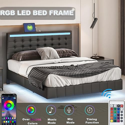 Miniatura 2 de Base de cama flotante de tamaño Queen, con luces LED de ambiente y carga USB, base de cama LED moderna tapizada de poliuretano con plataforma LED,