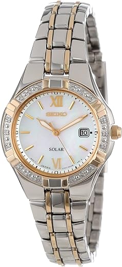 SEIKO SUT068 Watch for Women - Diamond Collection - with 18 Diamond Accents, Solar Power, Mother-of-Pearl Dial, Two-Tone Rose Gold Stainless Steel Case & Bracelet, and Water-Resistant to 50m