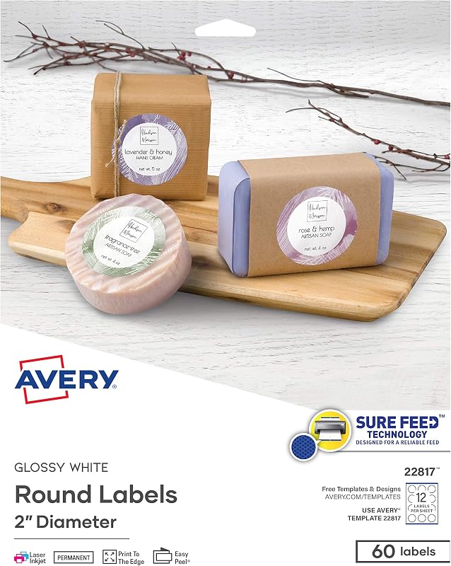 Avery Printable Round Labels with Sure Feed Technology, 2" Diameter, Glossy White, Laser & Inkjet Compatible, 60 Blank Labels Total, Great for Mailing, Branding, and More (22817)