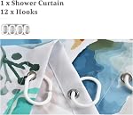 Rideau de douche bleu foncé, Rideau de Douche Florale Bleu Navy Set pour salle de bain,Bleu vert aquarelle fleur de tissu Rideau de bain avec crochets, 72x72in