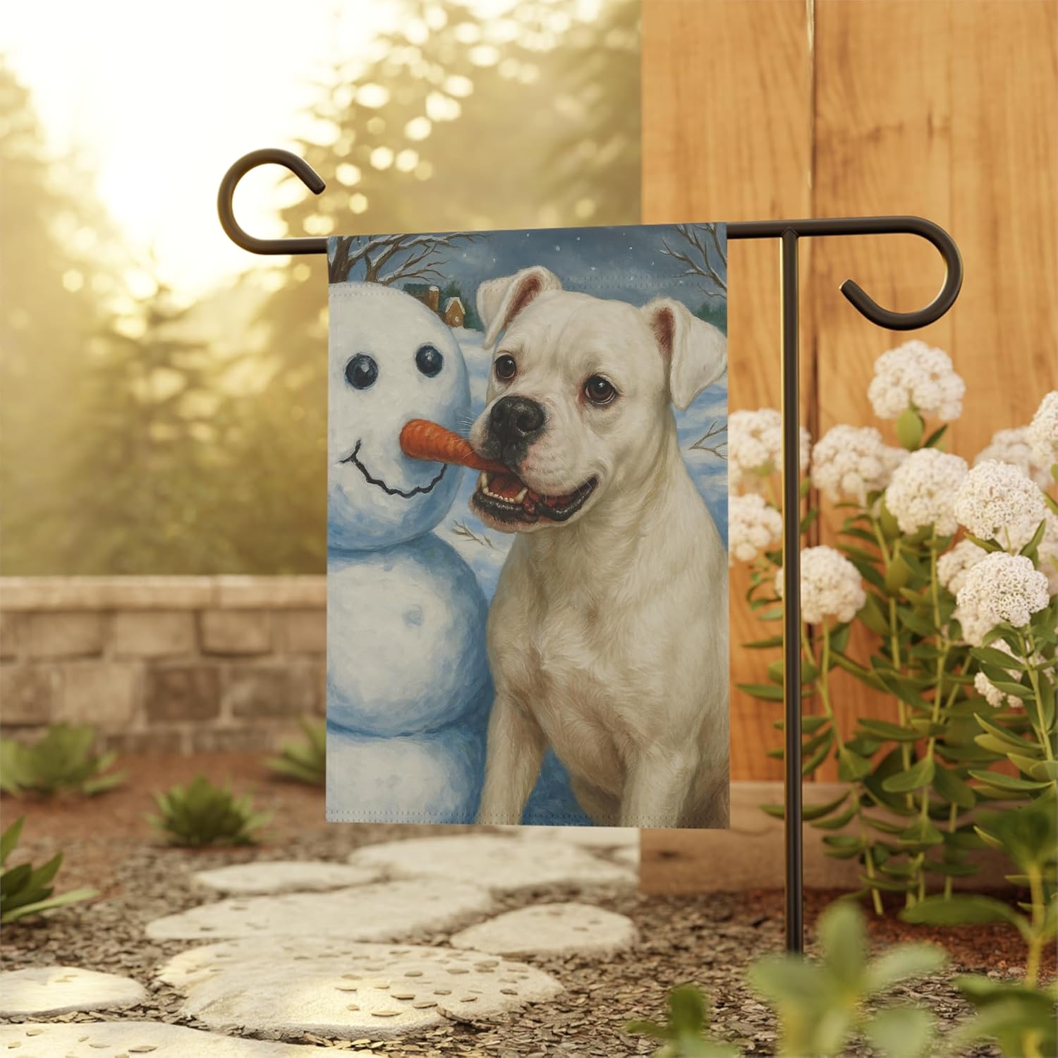 GOODGIRLJOHN White Boxer-Dog Snowman Winter Yard Garden Flag 12'' 18''
