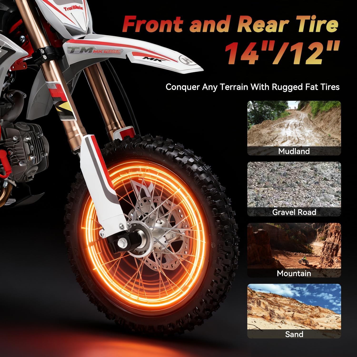 Close-up of the front wheel and tire, with insets showing different terrains like mudland, gravel road, mountain, and sand.