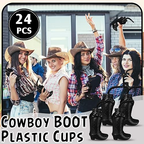 Miniatura 5 de Hoolerry 12 vasos de plástico para fiesta de botas de vaquero con pajitas y tapas, tazas de plástico de 10 onzas para suministros de fiesta temática