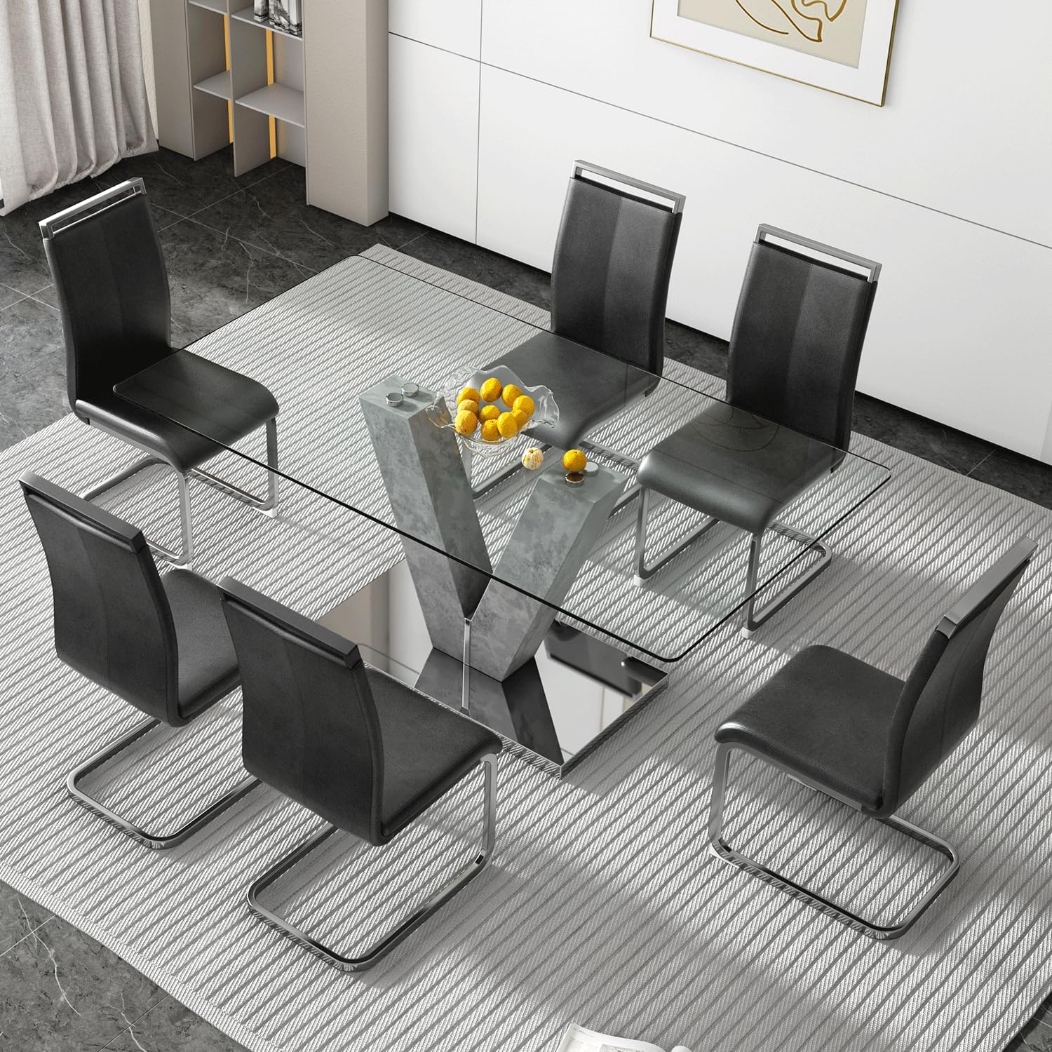 gopop Glass Dining Room Table Set for 6,Grey Dining Table